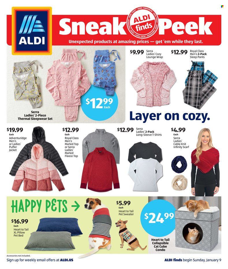 thumbnail - ALDI Flyer - 01/09/2022 - 01/15/2022 - Sales products - pants, Infinity, pillow, pet bed, jacket, puffer jacket, t-shirt, sweater, scarf, sleepwear. Page 1.