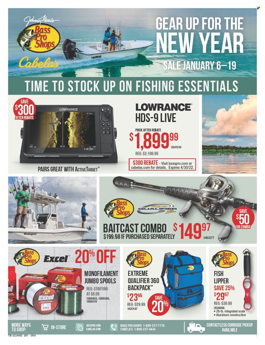 thumbnail - Bass Pro Shops Flyer - 01/06/2022 - 01/19/2022 - Sales products - scale, baitcast combo, Bass Pro, Lowrance. Page 1.