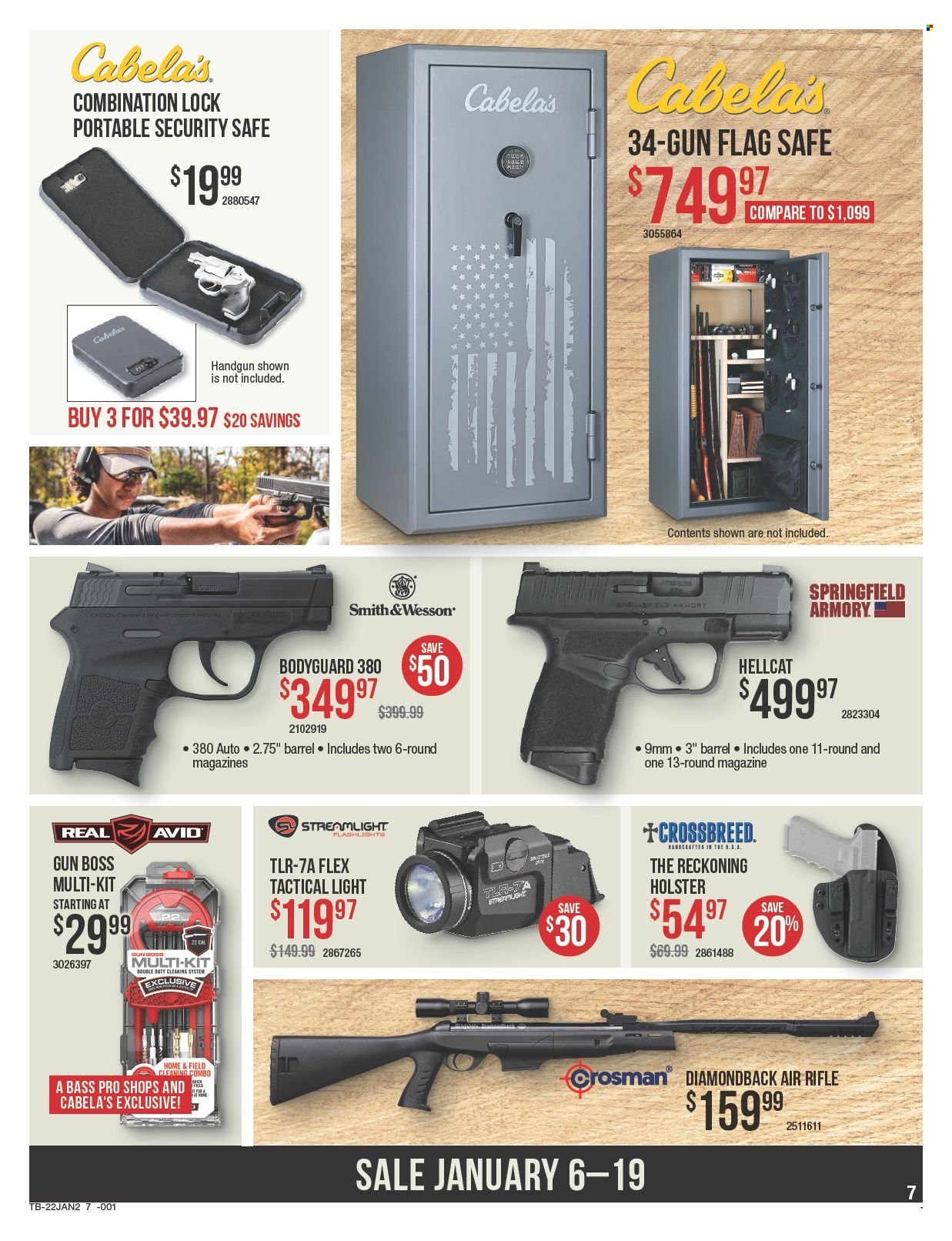 thumbnail - Cabela's Flyer - 01/06/2022 - 01/19/2022 - Sales products - Bass Pro, flashlight, Springfield Armory, handgun, holster, Smith & Wesson. Page 7.
