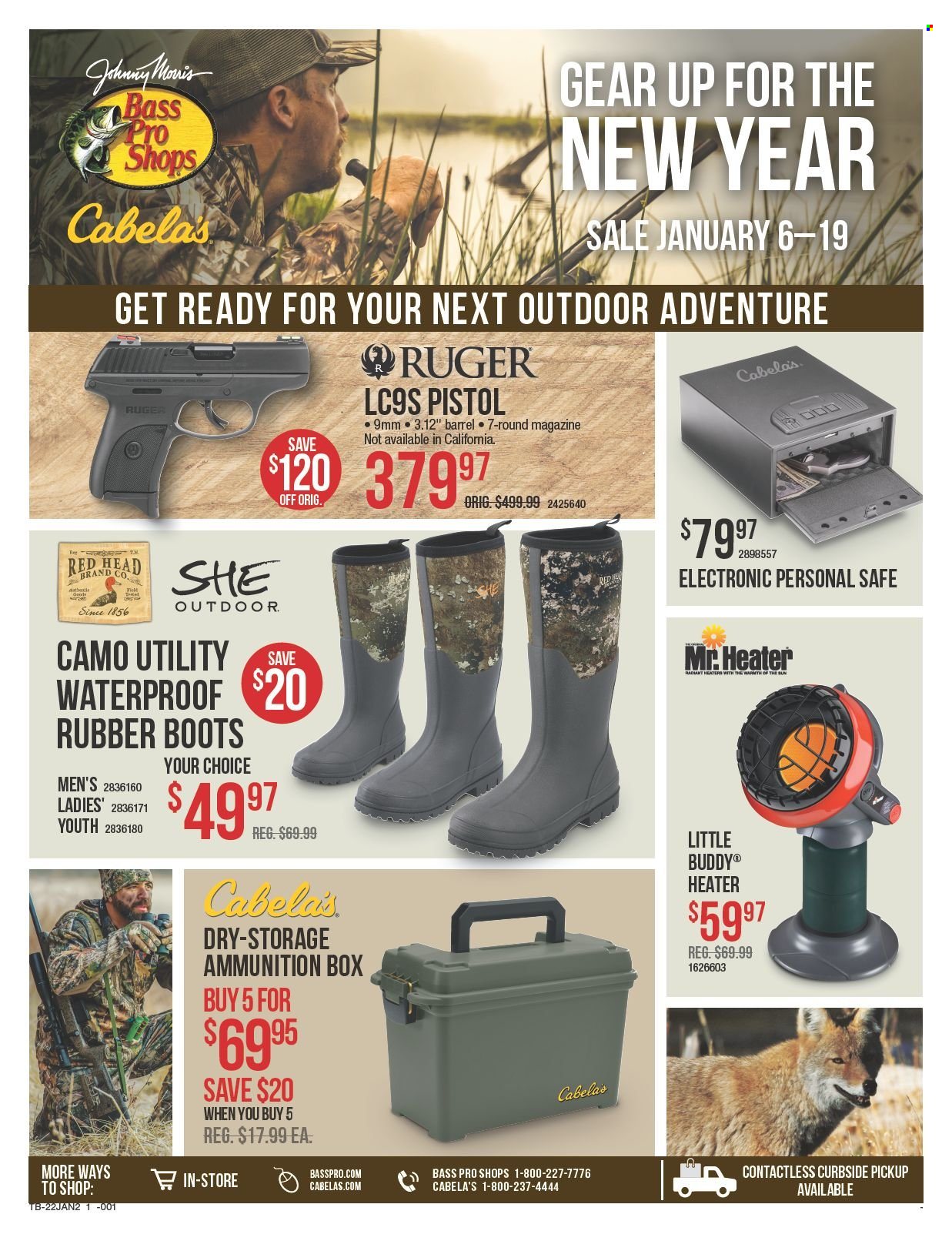 thumbnail - Bass Pro Shops Flyer - 01/06/2022 - 01/19/2022 - Sales products - boots, Bass Pro, Ruger, pistol, ammo can, rubber boots. Page 1.