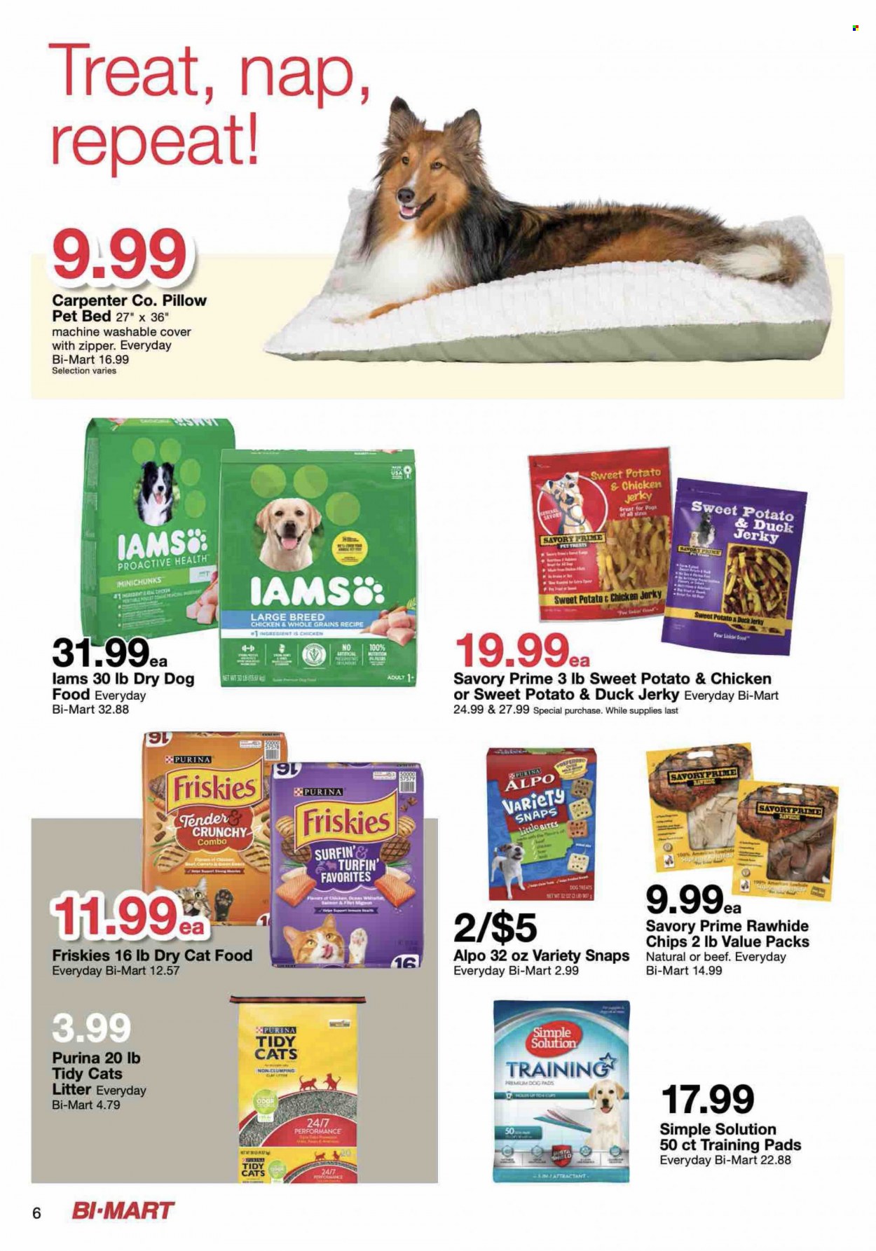 thumbnail - Bi-Mart Flyer - 01/04/2022 - 01/18/2022 - Sales products - jerky, duck jerky, Little Bites, chips, pillow, cat litter, pet bed, training pads, animal food, cat food, dog food, Purina, dry dog food, dry cat food, Friskies, Alpo, Iams. Page 6.