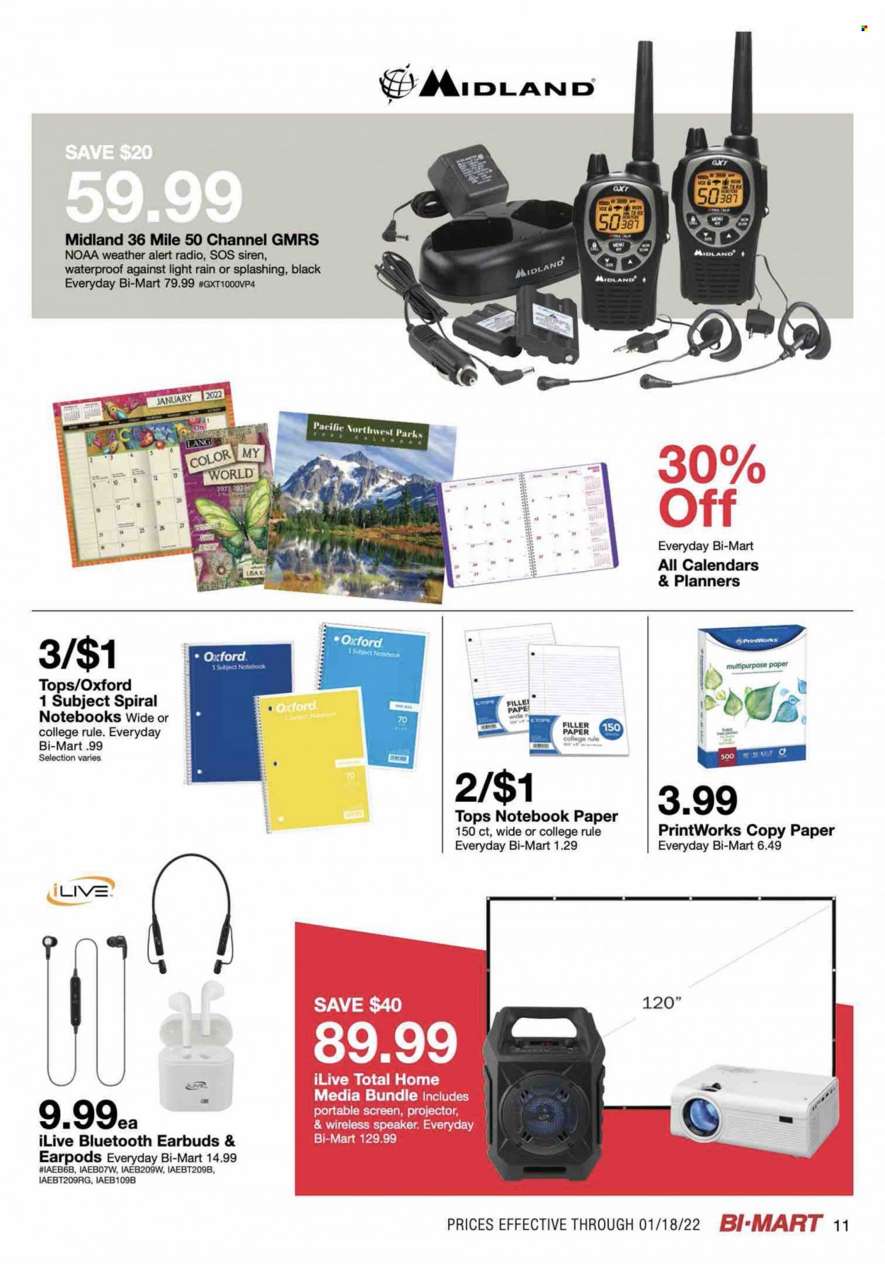 thumbnail - Bi-Mart Flyer - 01/04/2022 - 01/18/2022 - Sales products - paper, radio, projector, speaker, earbuds. Page 11.