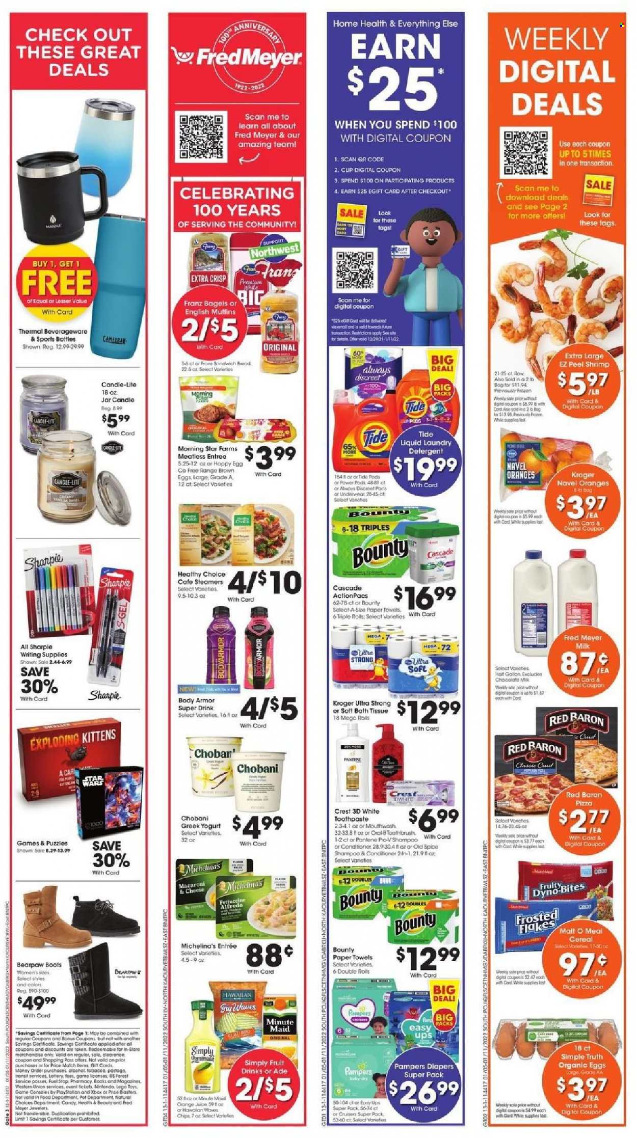 thumbnail - Fred Meyer Flyer - 01/05/2022 - 01/11/2022 - Sales products - Bearpaw, boots, bagels, bread, english muffins, shrimps, macaroni & cheese, pizza, Healthy Choice, greek yoghurt, yoghurt, Chobani, milk, eggs, Red Baron, chocolate, Bounty, chips, malt, cereals, spice, orange juice, juice, Body Armor, fruit punch, Pampers, nappies, bath tissue, kitchen towels, paper towels, detergent, Cascade, Tide, laundry detergent, shampoo, Old Spice, toothbrush, toothpaste, mouthwash, Crest, conditioner, Pantene, BIC, pot, Manna, Sharpie, writing supplies, candle, book, PlayStation, Xbox, LEGO, toys, puzzle, navel oranges. Page 8.