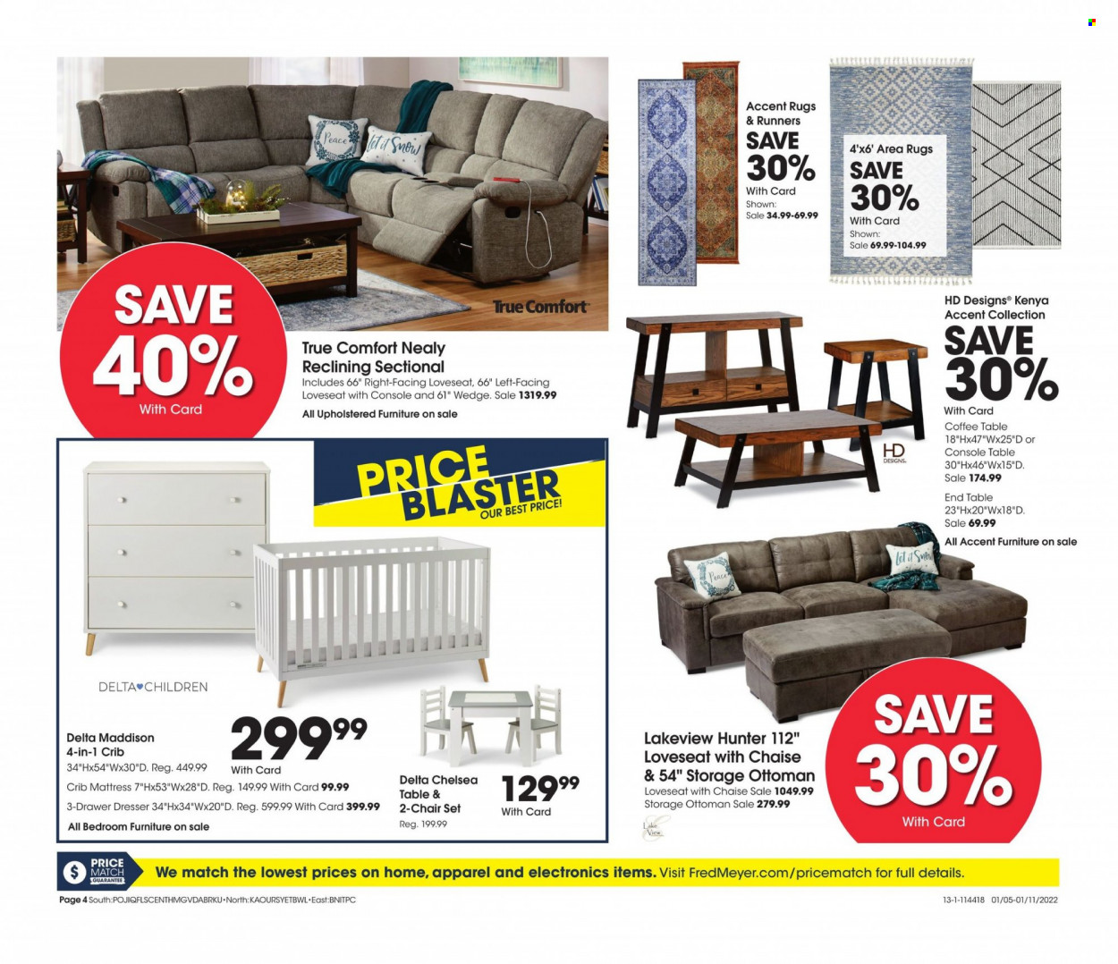 thumbnail - Fred Meyer Flyer - 01/05/2022 - 01/11/2022 - Sales products - chair, loveseat, coffee table, end table, Hunter, rug, area rug. Page 4.