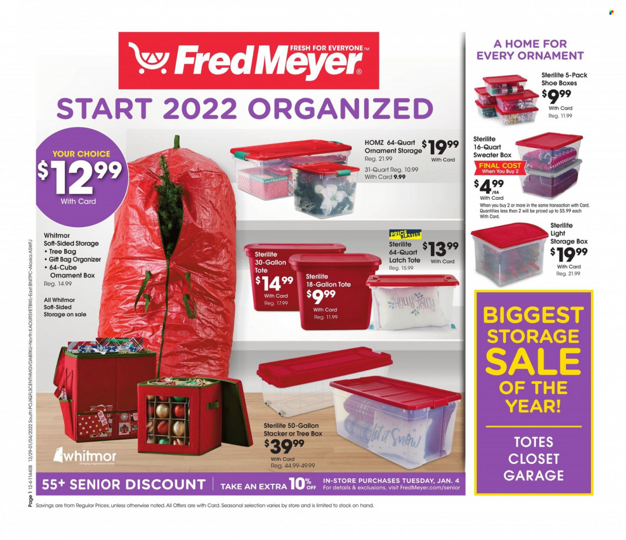 thumbnail - Fred Meyer Flyer - 12/29/2021 - 01/04/2022 - Sales products - gallon, storage box, gift bag, sweater. Page 1.