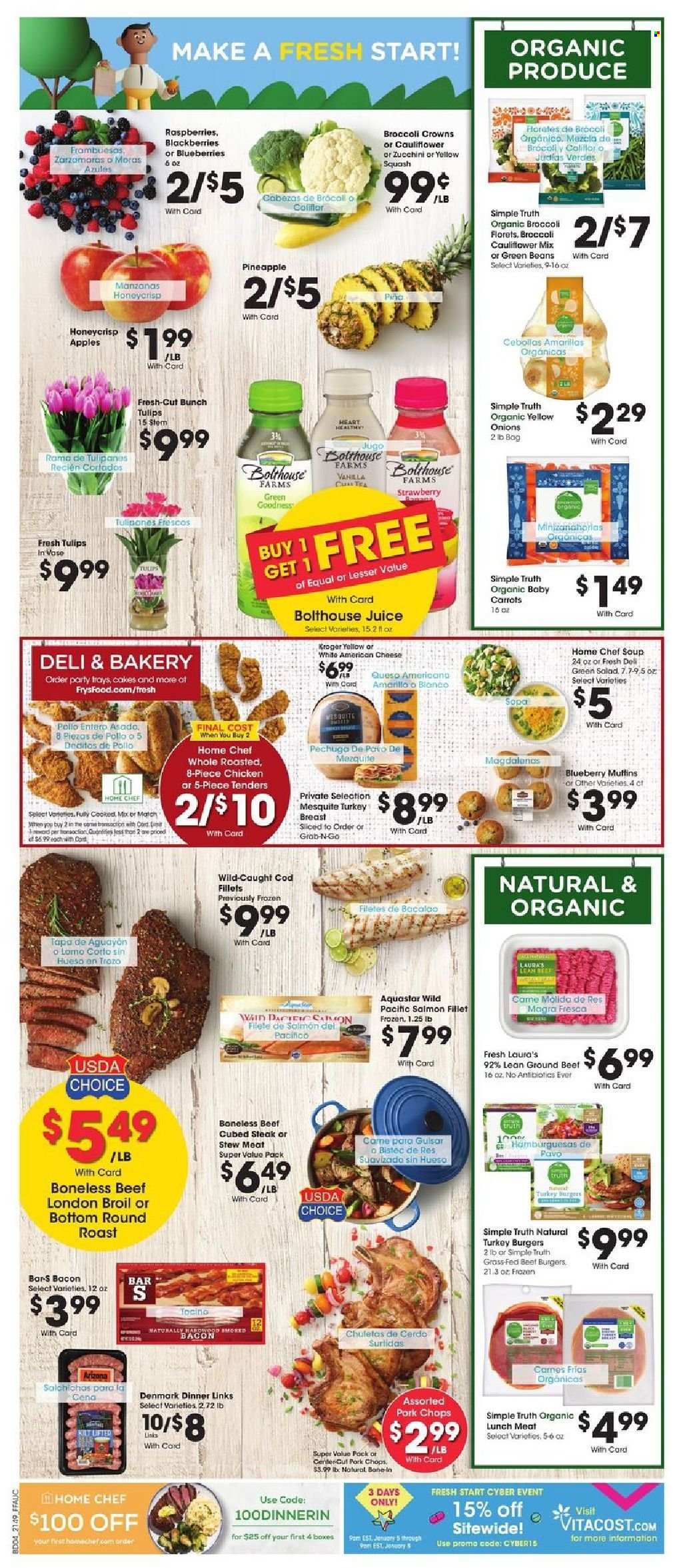 thumbnail - Fry’s Flyer - 01/05/2022 - 01/11/2022 - Sales products - stew meat, cake, muffin, beans, carrots, green beans, zucchini, onion, yellow squash, apples, blackberries, blueberries, pineapple, cod, salmon, salmon fillet, hamburger, beef burger, bacon, lunch meat, american cheese, cheese, juice, tea, turkey breast, beef meat, ground beef, steak, round roast, turkey burger, pork chops, pork meat. Page 8.