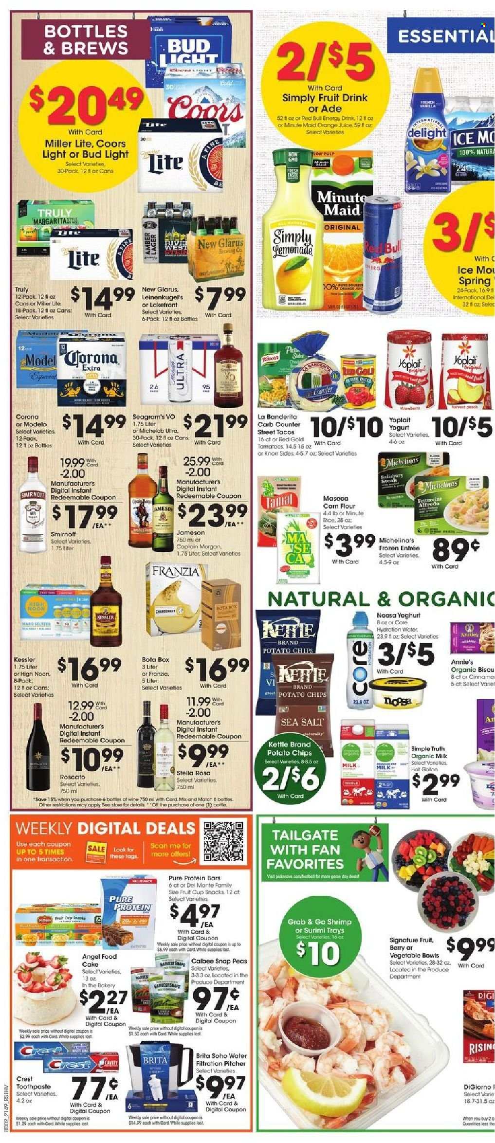 thumbnail - Pick ‘n Save Flyer - 01/05/2022 - 01/11/2022 - Sales products - cake, Angel Food, tomatoes, peas, oranges, shrimps, Annie's, yoghurt, Yoplait, organic milk, snap peas, potato chips, protein bar, rice, juice, energy drink, fruit drink, Red Bull, fruit punch, wine, Smirnoff, Jameson, TRULY, beer, Bud Light, Corona Extra, Modelo, steak, toothpaste, Crest, pitcher, Leinenkugel's, Miller Lite, Coors. Page 6.