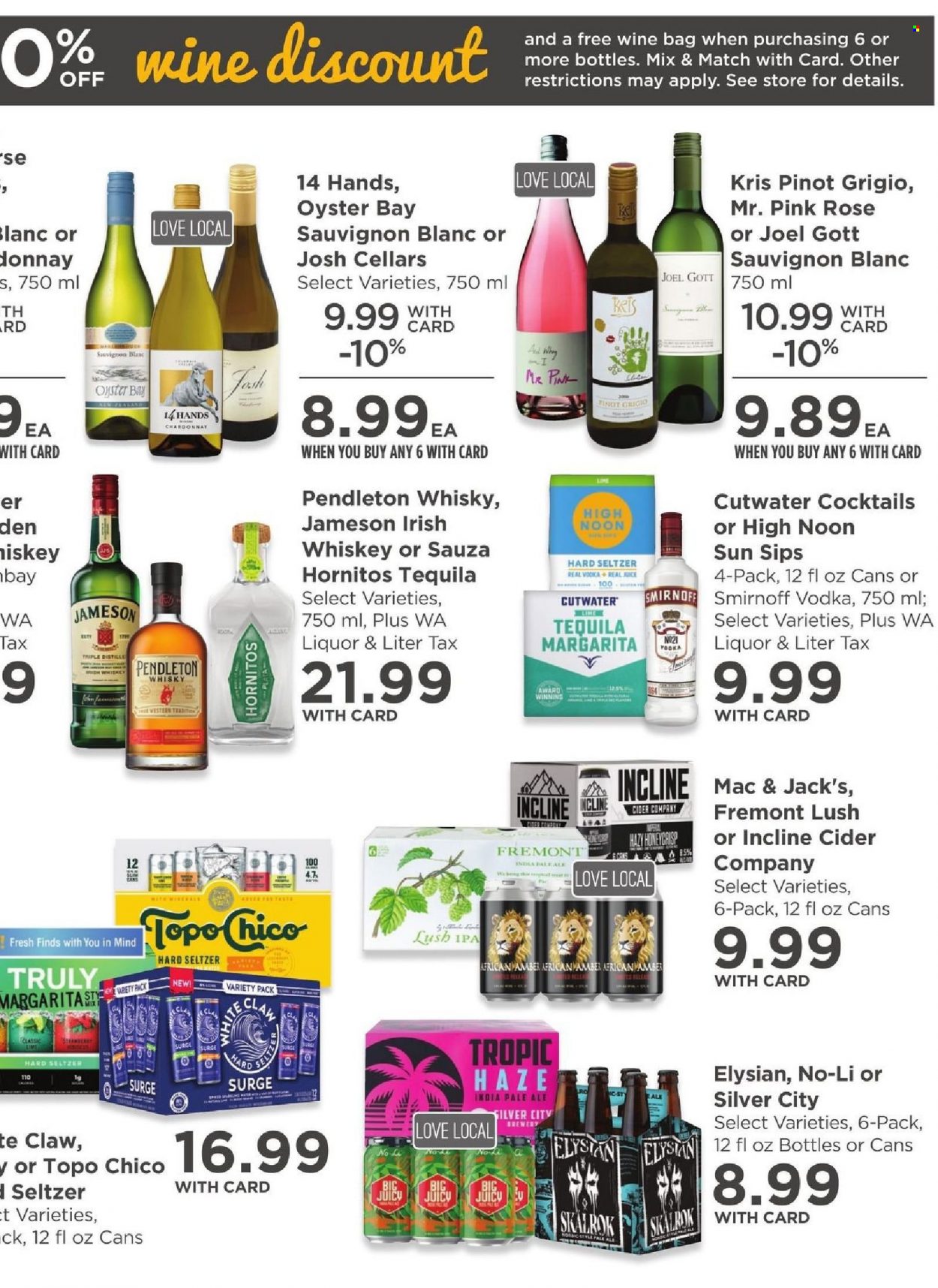 thumbnail - QFC Flyer - 01/05/2022 - 01/11/2022 - Sales products - oysters, juice, white wine, Chardonnay, wine, Pinot Grigio, Sauvignon Blanc, rosé wine, Smirnoff, tequila, vodka, whiskey, Jameson, Hard Seltzer, TRULY, whisky, cider, IPA, BIC, bag, Donnay. Page 13.