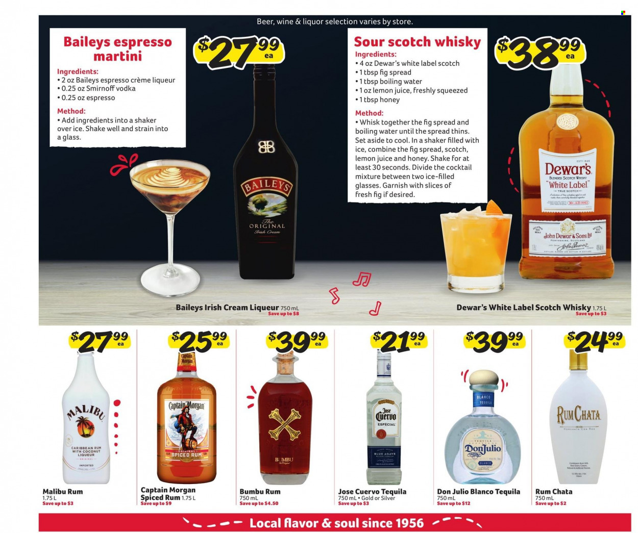 thumbnail - Winn Dixie Flyer - 01/05/2022 - 01/11/2022 - Sales products - shake, Thins, honey, lemon juice, wine, Captain Morgan, liqueur, rum, Smirnoff, spiced rum, tequila, vodka, irish cream, Baileys, liquor, Malibu, Martini, scotch whisky, whisky, beer, shaker. Page 9.