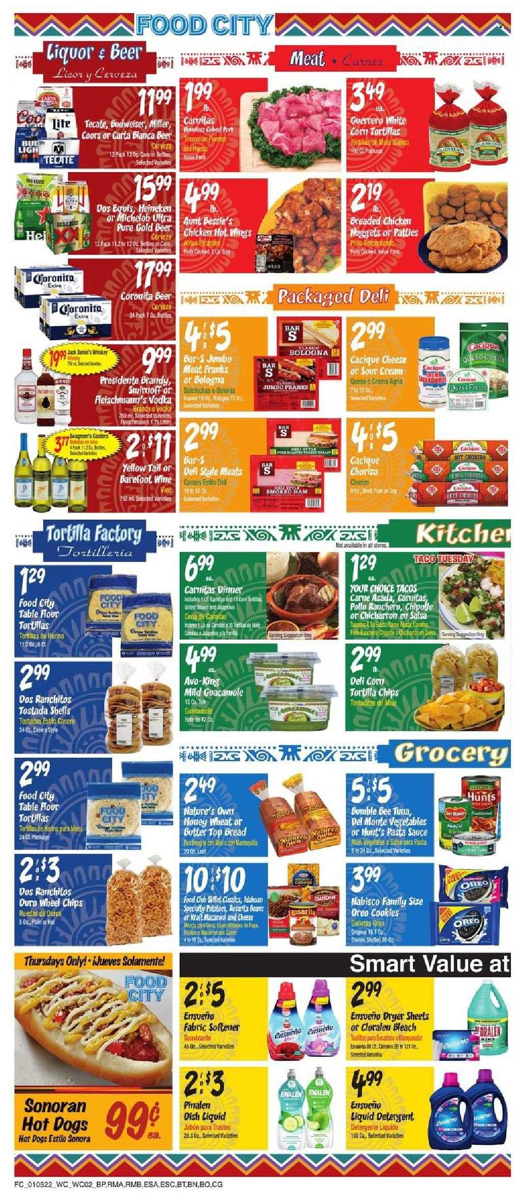 thumbnail - Food City Flyer - 01/05/2022 - 01/11/2022 - Sales products - bread, corn tortillas, tostadas, tacos, flour tortillas, Aunt Bessie's, beans, onion, macaroni & cheese, hot dog, Jack Daniel's, pasta sauce, nuggets, Bumble Bee, sauce, chicken nuggets, Kraft®, ham, chorizo, bologna sausage, guacamole, Oreo, butter, sour cream, cookies, tortilla chips, chips, salsa, brandy, vodka, whiskey, liquor, whisky, beer, Heineken, Miller, Nature's Own, Budweiser, Coors, Dos Equis, Michelob. Page 2.