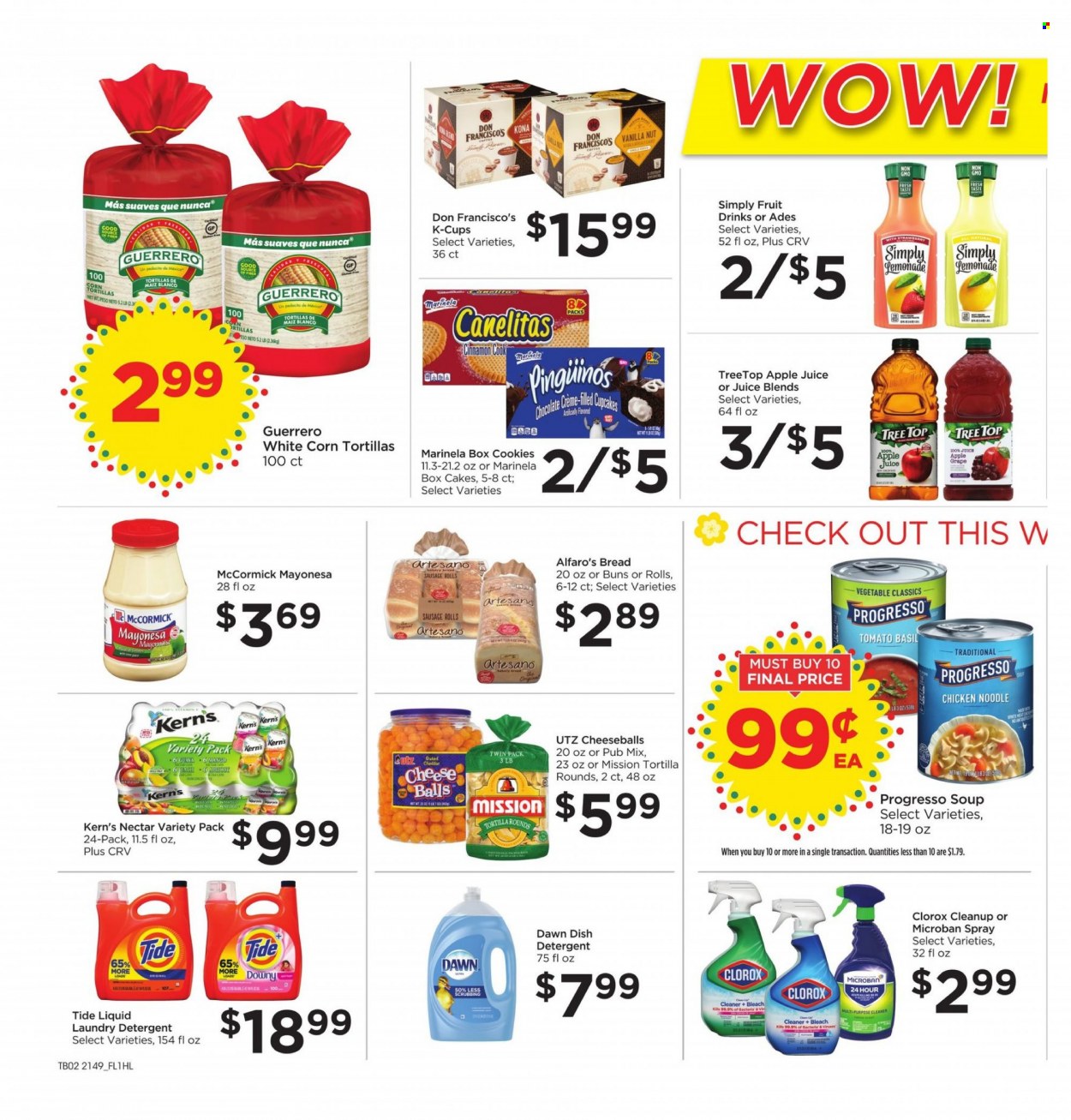 thumbnail - Food 4 Less Flyer - 01/05/2022 - 01/11/2022 - Sales products - bread, corn tortillas, sausage rolls, tortillas, cake, buns, guava, noodles, Progresso, sausage, cheddar, cheese, cookies, esponja, apple juice, juice, Kern's, coffee capsules, K-Cups, detergent, cleaner, bleach, Clorox, Tide, laundry detergent, mouse. Page 2.