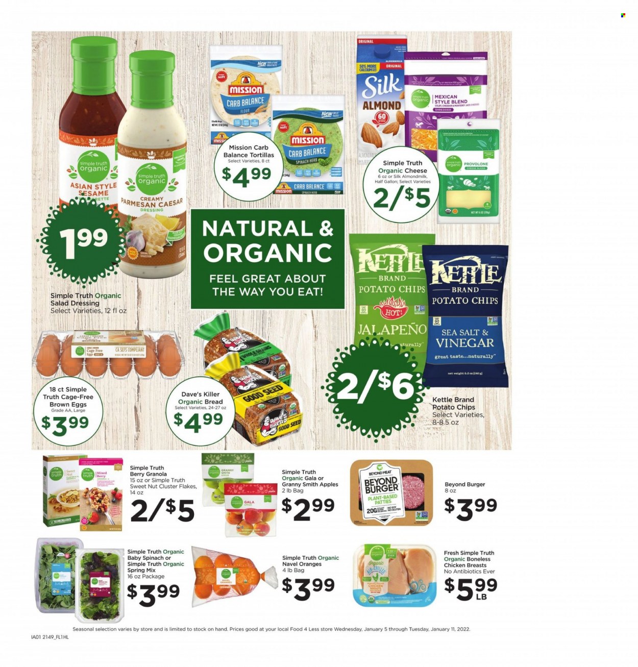 thumbnail - Food 4 Less Flyer - 01/05/2022 - 01/11/2022 - Sales products - bread, tortillas, jalapeño, apples, Gala, oranges, Granny Smith, Colby cheese, Monterey Jack cheese, sliced cheese, parmesan, Provolone, almond milk, Silk, eggs, cage free eggs, potato chips, chips, granola, herbs, caesar dressing, salad dressing, dressing, chicken breasts, calcium, navel oranges. Page 5.