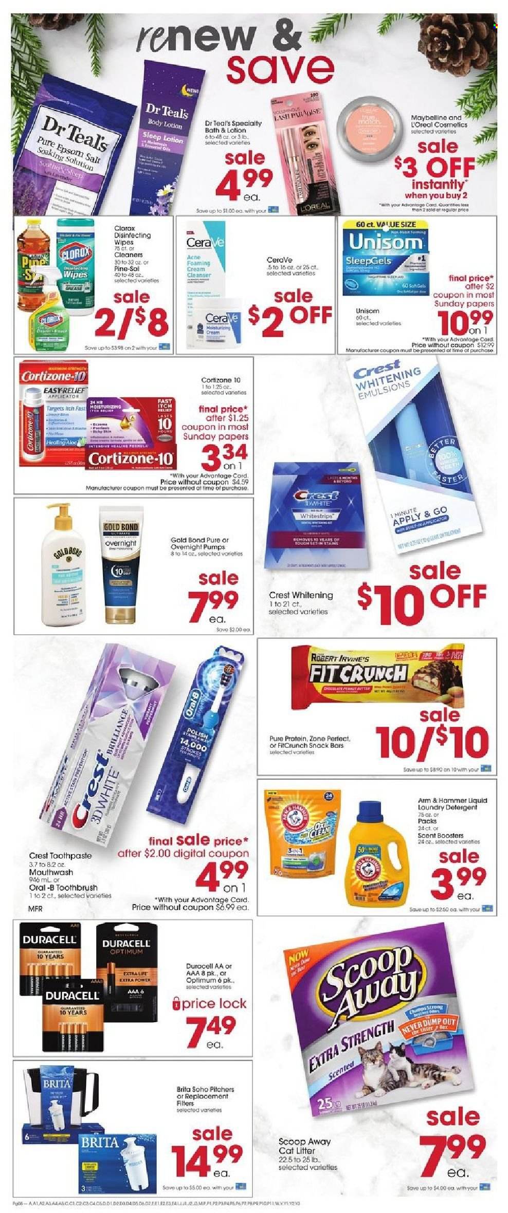 thumbnail - Giant Eagle Flyer - 01/06/2022 - 01/12/2022 - Sales products - snack, snack bar, ARM & HAMMER, wipes, detergent, Clorox, Pine-Sol, laundry detergent, scent booster, toothbrush, toothpaste, mouthwash, Crest, CeraVe, cleanser, L’Oréal, body lotion, polish, Maybelline, Duracell, cat litter, Optimum, Unisom. Page 7.
