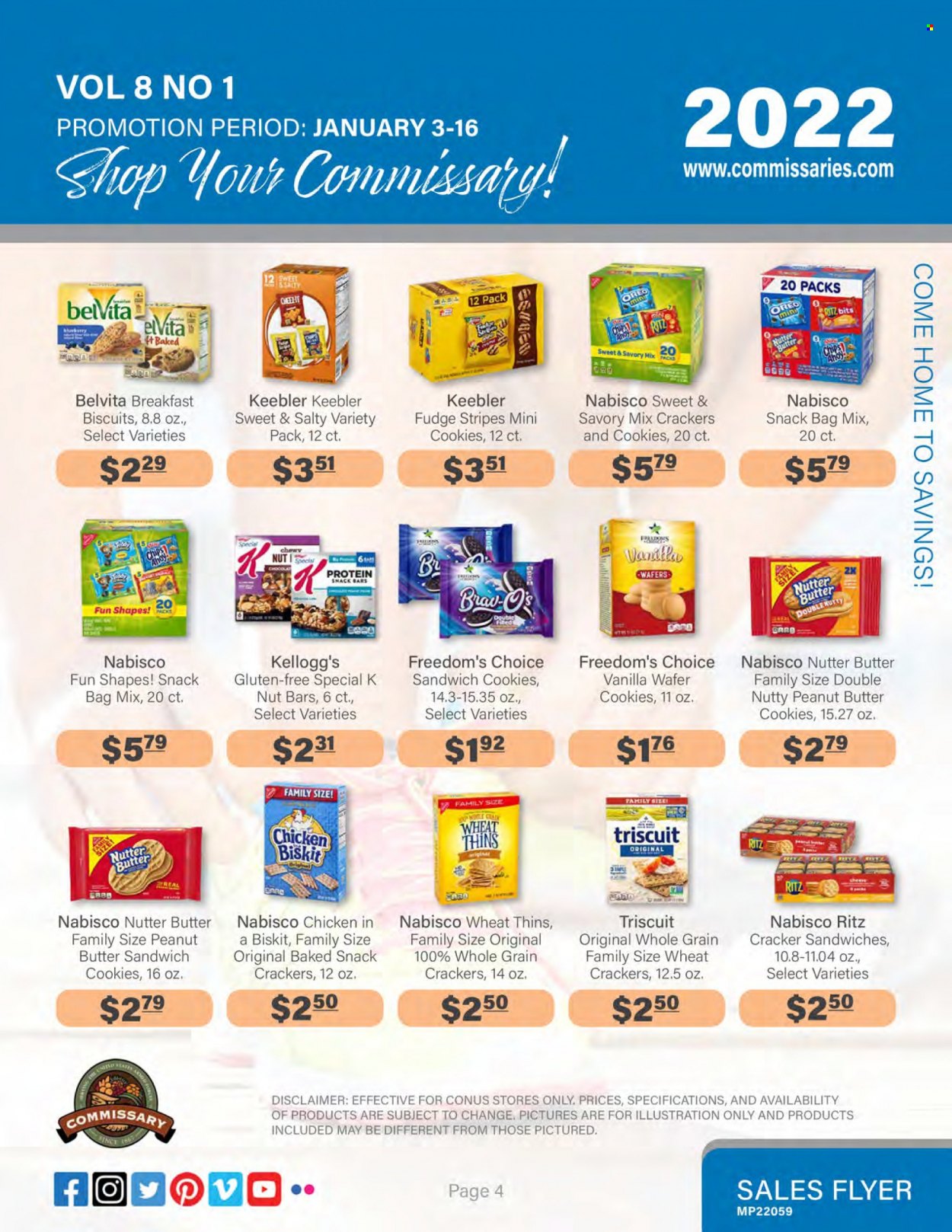thumbnail - Commissary Flyer - 01/03/2022 - 01/16/2022 - Sales products - Oreo, cookies, fudge, sandwich cookies, wafers, butter cookies, crackers, Kellogg's, biscuit, snack bar, Keebler, RITZ, chips, Thins, nut bar, protein snack, belVita, bag. Page 4.