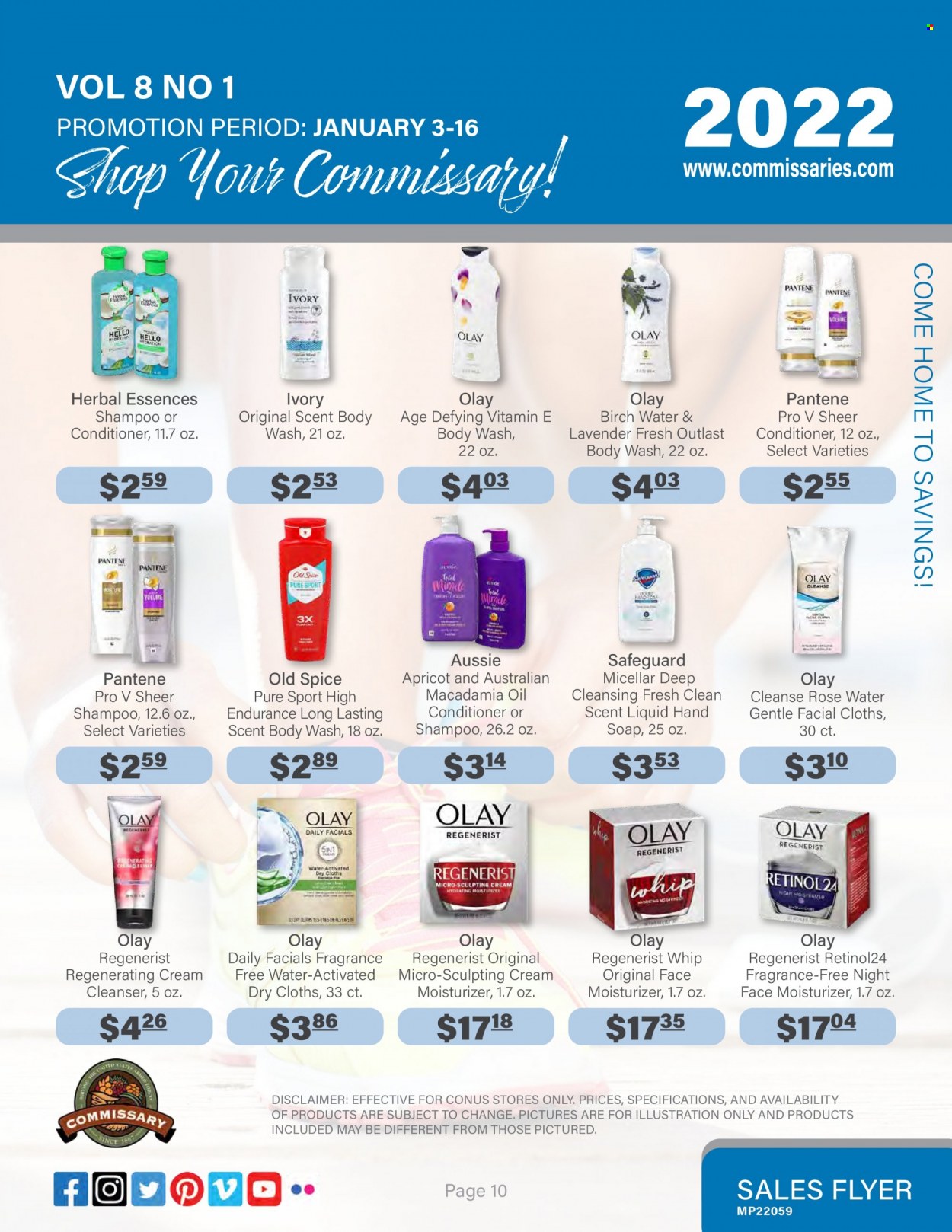 thumbnail - Commissary Flyer - 01/03/2022 - 01/16/2022 - Sales products - spice, wine, rosé wine, body wash, shampoo, hand soap, Old Spice, soap, cleanser, moisturizer, Olay, Aussie, conditioner, Pantene, Herbal Essences, fragrance. Page 10.