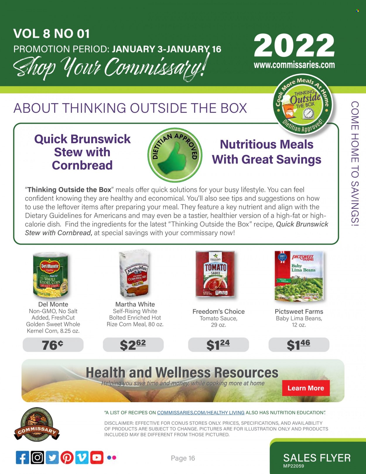 thumbnail - Commissary Flyer - 01/03/2022 - 01/16/2022 - Sales products - corn bread, corn, lima beans, tomato sauce. Page 16.