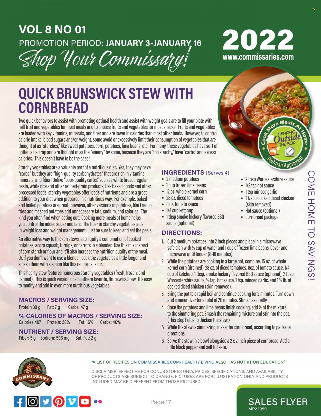thumbnail - Commissary Flyer - 01/03/2022 - 01/16/2022 - Sales products - white bread, corn bread, sweet potato, mashed potatoes, pasta, lima beans, potato fries, snack, flour, tomato sauce, rice, white rice, black pepper, BBQ sauce, worcestershire sauce, hot sauce, ketchup, Sure, turnips. Page 17.