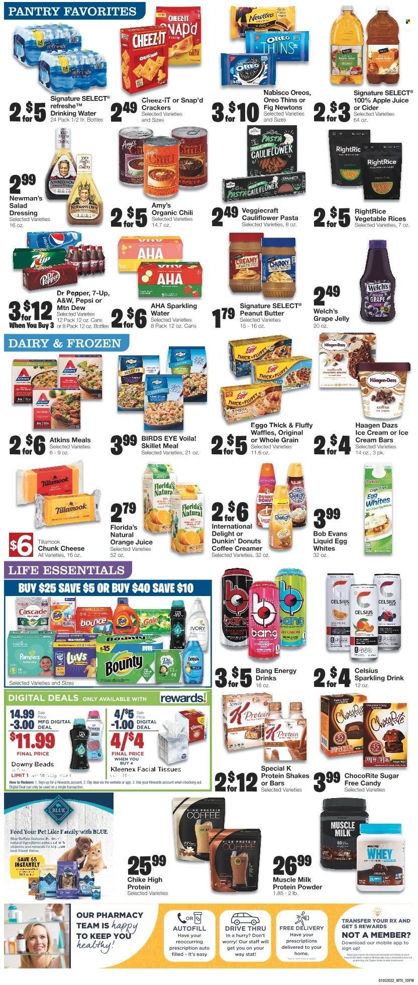 thumbnail - Market Street Flyer - 01/05/2022 - 01/11/2022 - Sales products - waffles, Dunkin' Donuts, Welch's, pasta, Bird's Eye, Bob Evans, chunk cheese, Oreo, protein drink, shake, muscle milk, eggs, creamer, ice cream bars, Häagen-Dazs, Bounty, jelly, crackers, Florida's Natural, Thins, Cheez-It, salad dressing, dressing, grape jelly, peanut butter, apple juice, Mountain Dew, Pepsi, orange juice, juice, energy drink, Dr. Pepper, 7UP, A&W, sparkling water, cider, Kleenex, tissues, Cascade, Bounce, facial tissues, whey protein. Page 5.