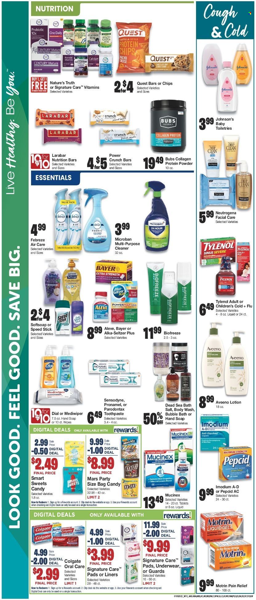 thumbnail - United Supermarkets Flyer - 01/05/2022 - 01/11/2022 - Sales products - cheese, Mars, chips, nutrition bar, wipes, Johnson's, Febreze, cleaner, bath salt, body wash, bubble bath, Softsoap, hand soap, Dial, soap, Colgate, toothpaste, Sensodyne, sanitary pads, Aveeno, Neutrogena, body lotion, Speed Stick, bag, Aleve, calcium, Mucinex, Nature's Truth, Tylenol, Imodium, Prenatal, pain relief, Pepcid, zinc, Alka-seltzer, whey protein, one daily, Bayer, Motrin. Page 4.