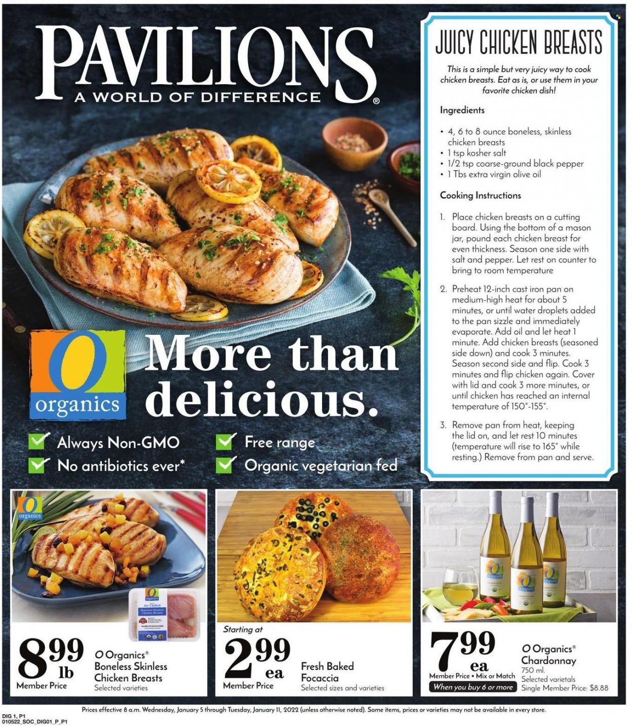 thumbnail - Pavilions Flyer - 01/05/2022 - 01/11/2022 - Sales products - pepper, extra virgin olive oil, olive oil, Chardonnay, wine, chicken breasts. Page 1.