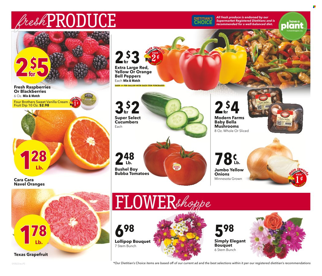 thumbnail - Cash Wise Flyer - 01/05/2022 - 01/18/2022 - Sales products - mushrooms, bell peppers, cucumber, tomatoes, onion, peppers, blackberries, grapefruits, oranges, Four Brothers, dip, lollipop, navel oranges. Page 2.