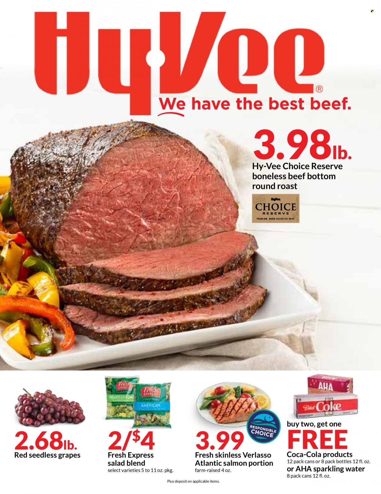 thumbnail - Hy-Vee Flyer - 01/05/2022 - 01/11/2022 - Sales products - seedless grapes, salad, grapes, salmon, Coca-Cola, sparkling water, beef meat, round roast. Page 1.