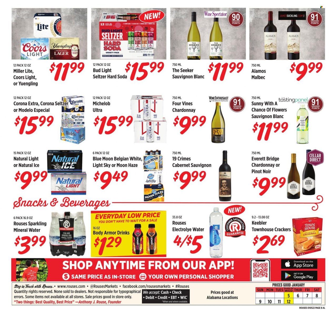 thumbnail - Rouses Markets Flyer - 01/05/2022 - 01/12/2022 - Sales products - cherries, snack, crackers, Keebler, Body Armor, mineral water, soda, Cabernet Sauvignon, red wine, white wine, Chardonnay, wine, Pinot Noir, Sauvignon Blanc, Hard Seltzer, beer, Bud Light, Corona Extra, Lager, Modelo, Miller Lite, Coors, Blue Moon, Yuengling, Michelob. Page 8.