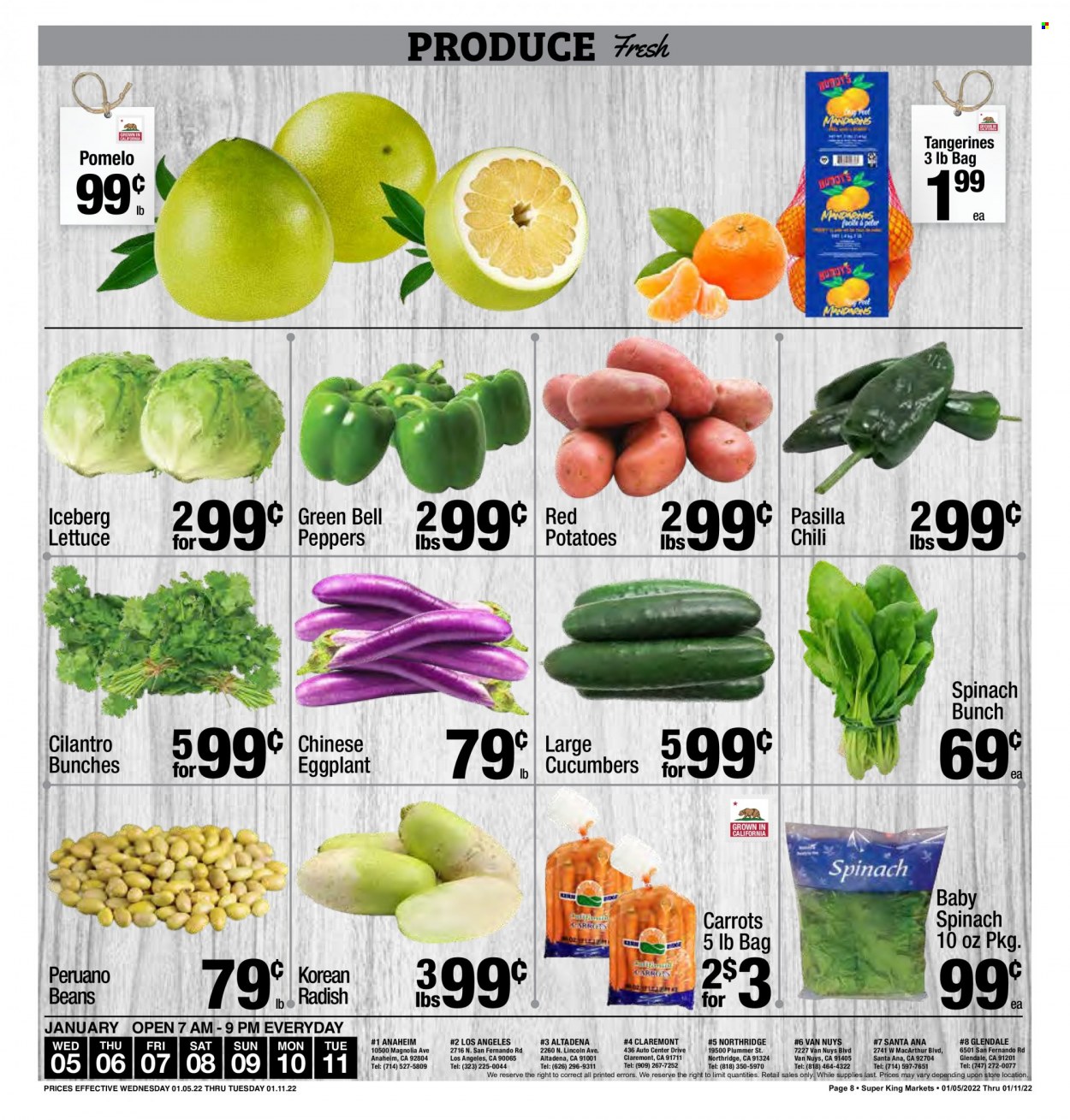 thumbnail - Super King Markets Flyer - 01/05/2022 - 01/11/2022 - Sales products - beans, bell peppers, carrots, cucumber, radishes, spinach, potatoes, lettuce, peppers, eggplant, red potatoes, cilantro, tangerines, pomelo, pasilla. Page 8.