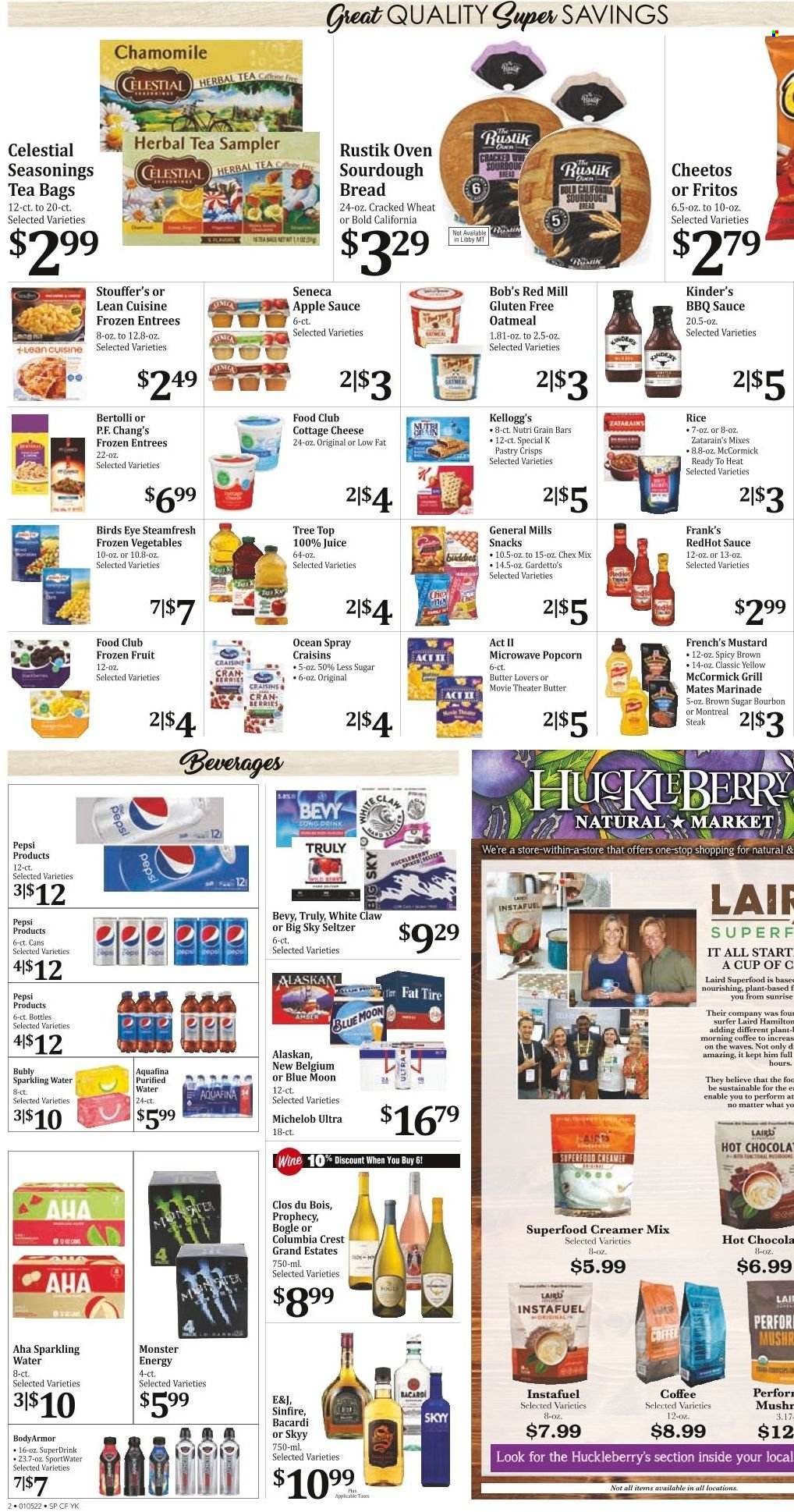 thumbnail - Rosauers Flyer - 01/05/2022 - 01/11/2022 - Sales products - bread, sourdough bread, sauce, Bird's Eye, Lean Cuisine, Bertolli, cottage cheese, cheese, creamer, frozen vegetables, Stouffer's, snack, Kellogg's, Fritos, Cheetos, popcorn, Chex Mix, oatmeal, craisins, Nutri-Grain, rice, mustard, marinade, apple sauce, dried fruit, Pepsi, juice, Monster, Monster Energy, Aquafina, seltzer water, sparkling water, purified water, herbal tea, tea bags, SKYY, White Claw, TRULY, beer, steak, Crest, Blue Moon, Michelob. Page 2.