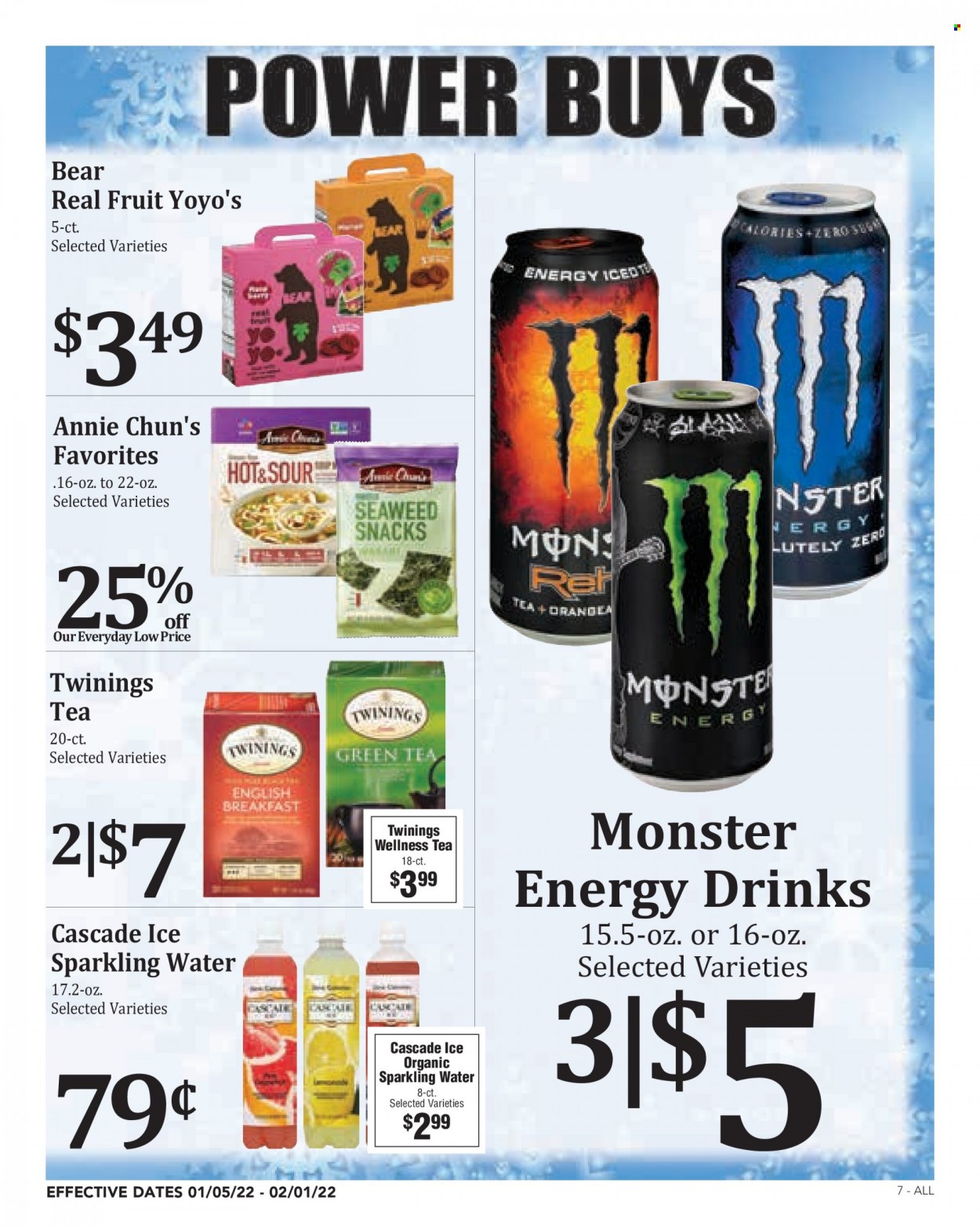 thumbnail - Rosauers Flyer - 01/05/2022 - 02/01/2022 - Sales products - snack, energy drink, Monster, sparkling water, green tea, tea, Twinings, Cascade. Page 7.