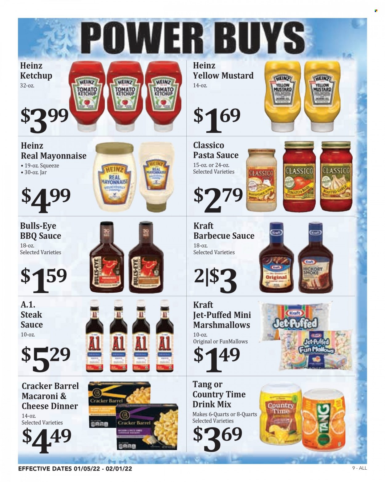 thumbnail - Rosauers Flyer - 01/05/2022 - 02/01/2022 - Sales products - macaroni & cheese, pasta sauce, sauce, Kraft®, mayonnaise, marshmallows, crackers, Heinz, BBQ sauce, mustard, ketchup, Classico, Country Time, steak, Jet. Page 9.