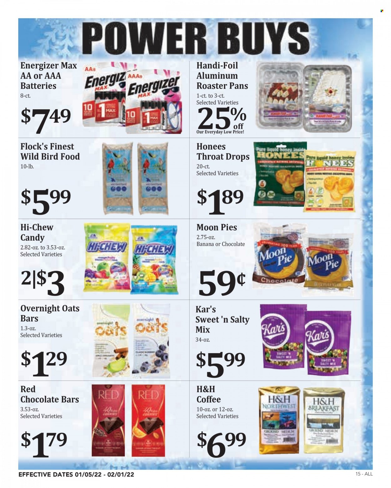 thumbnail - Rosauers Flyer - 01/05/2022 - 02/01/2022 - Sales products - pie, chocolate bar, coffee, Energizer, AAA batteries, animal food, bird food. Page 15.