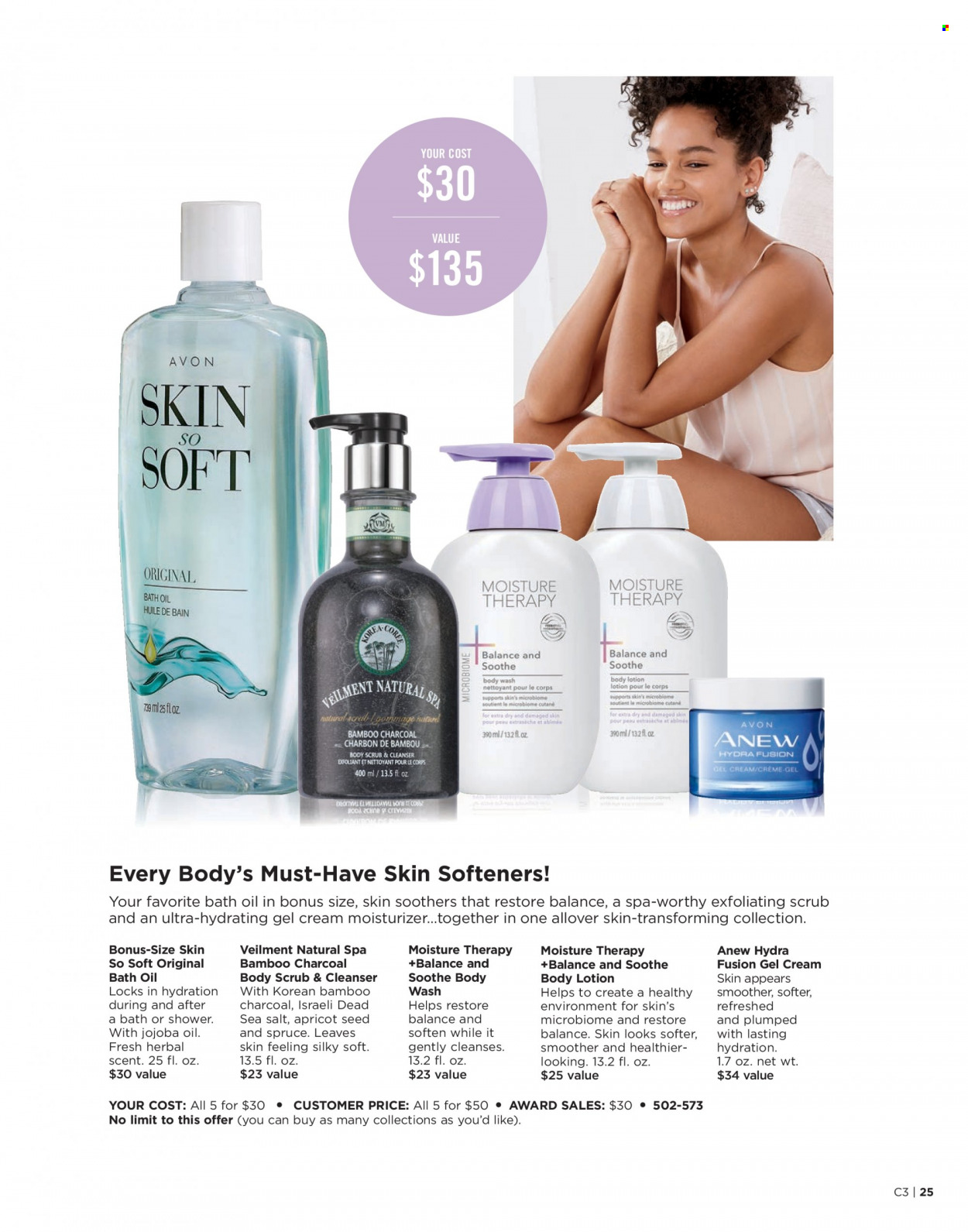 thumbnail - Avon Flyer - 01/04/2022 - 01/17/2022 - Sales products - bath oil, body wash, Avon, Anew, cleanser, gel cream, Moisture Therapy, moisturizer, Skin So Soft, body lotion, body scrub. Page 25.