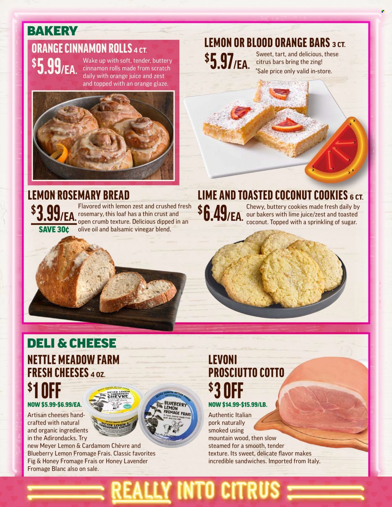 thumbnail - Central Market Flyer - 01/05/2022 - 01/11/2022 - Sales products - cinnamon roll, sandwich, prosciutto, cookies, coconut cookies, sugar, rosemary, balsamic vinegar, vinegar, olive oil, orange juice. Page 6.