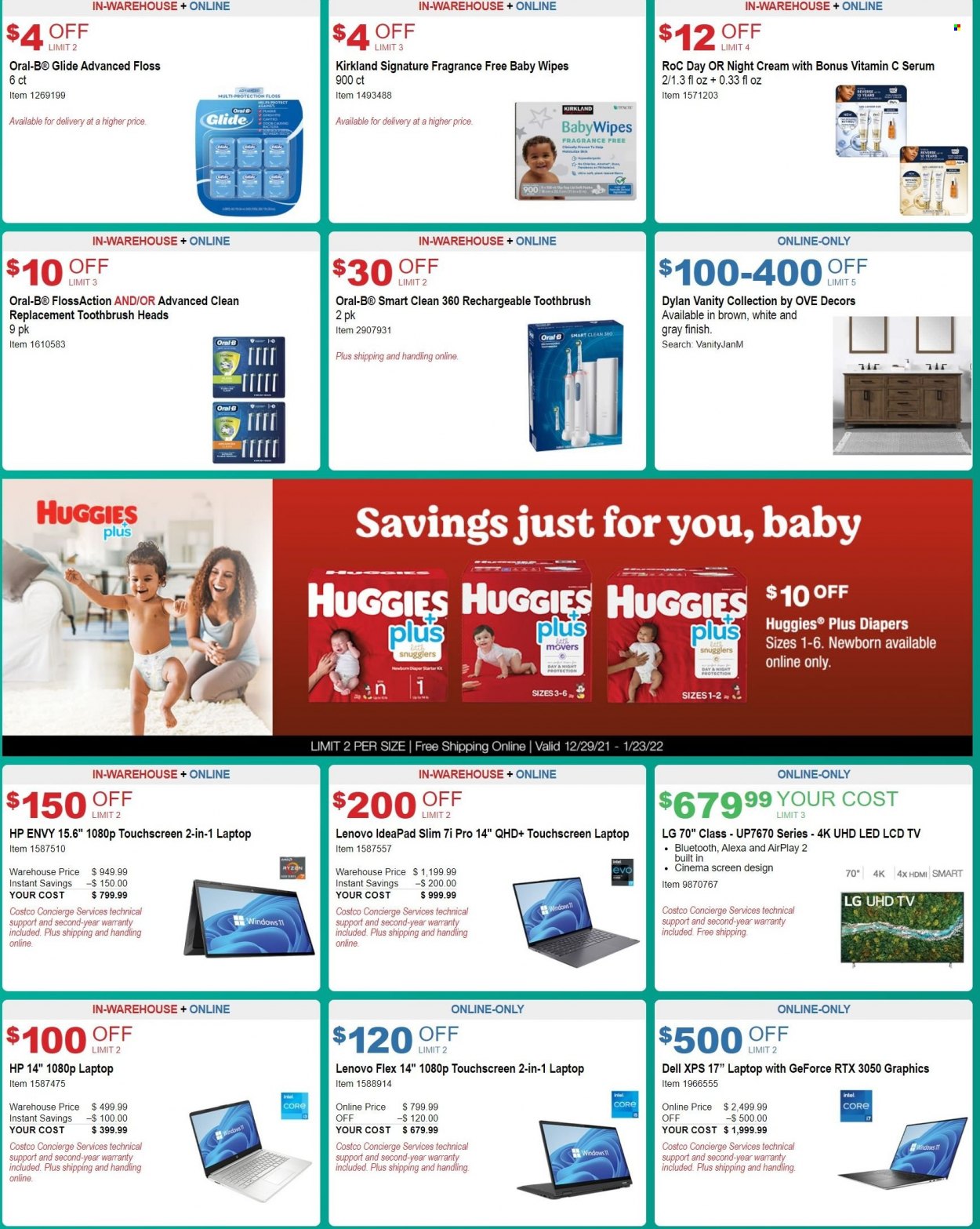 thumbnail - Costco Flyer - 12/29/2021 - 01/23/2022 - Sales products - vanity, Dell, LG, Intel, Lenovo, Hewlett Packard, wipes, Huggies, baby wipes, nappies, toothbrush, Oral-B, serum, night cream, laptop, hp envy, touchscreen laptop, GeForce, Ryzen, UHD TV, TV, Plus Plus, window, starter. Page 2.