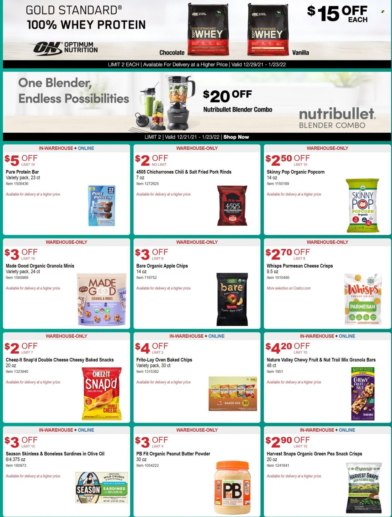 thumbnail - Costco Flyer - 12/29/2021 - 01/23/2022 - Sales products - sardines, parmesan, cheese, chocolate, snack, chips, popcorn, Frito-Lay, Cheez-It, Skinny Pop, Harvest Snaps, protein bar, granola bar, Nature Valley, peanut butter, trail mix, Optimum, blender, NutriBullet, SOG, whey protein. Page 5.