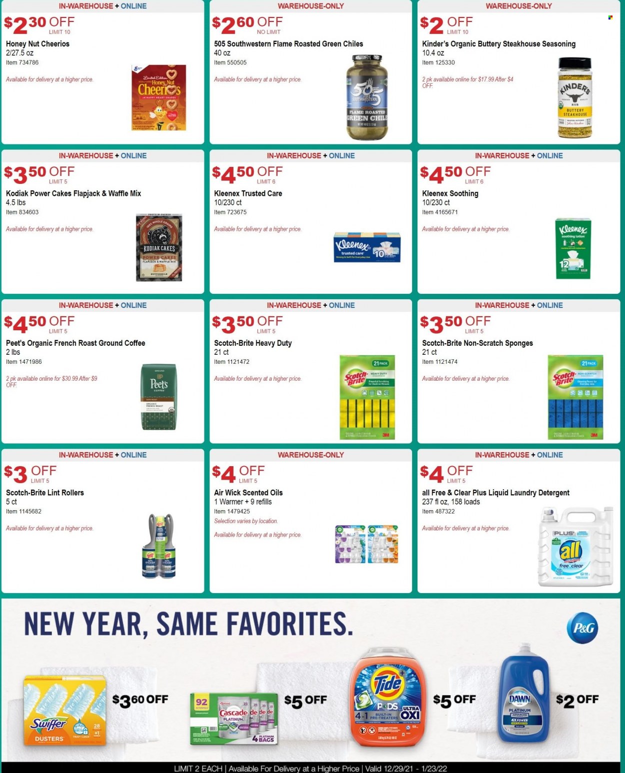 thumbnail - Costco Flyer - 12/29/2021 - 01/23/2022 - Sales products - cake, buttermilk, Cheerios, spice, ground coffee, Kleenex, detergent, Cascade, Tide, laundry detergent, Brite, body lotion, sponge, Air Wick. Page 6.