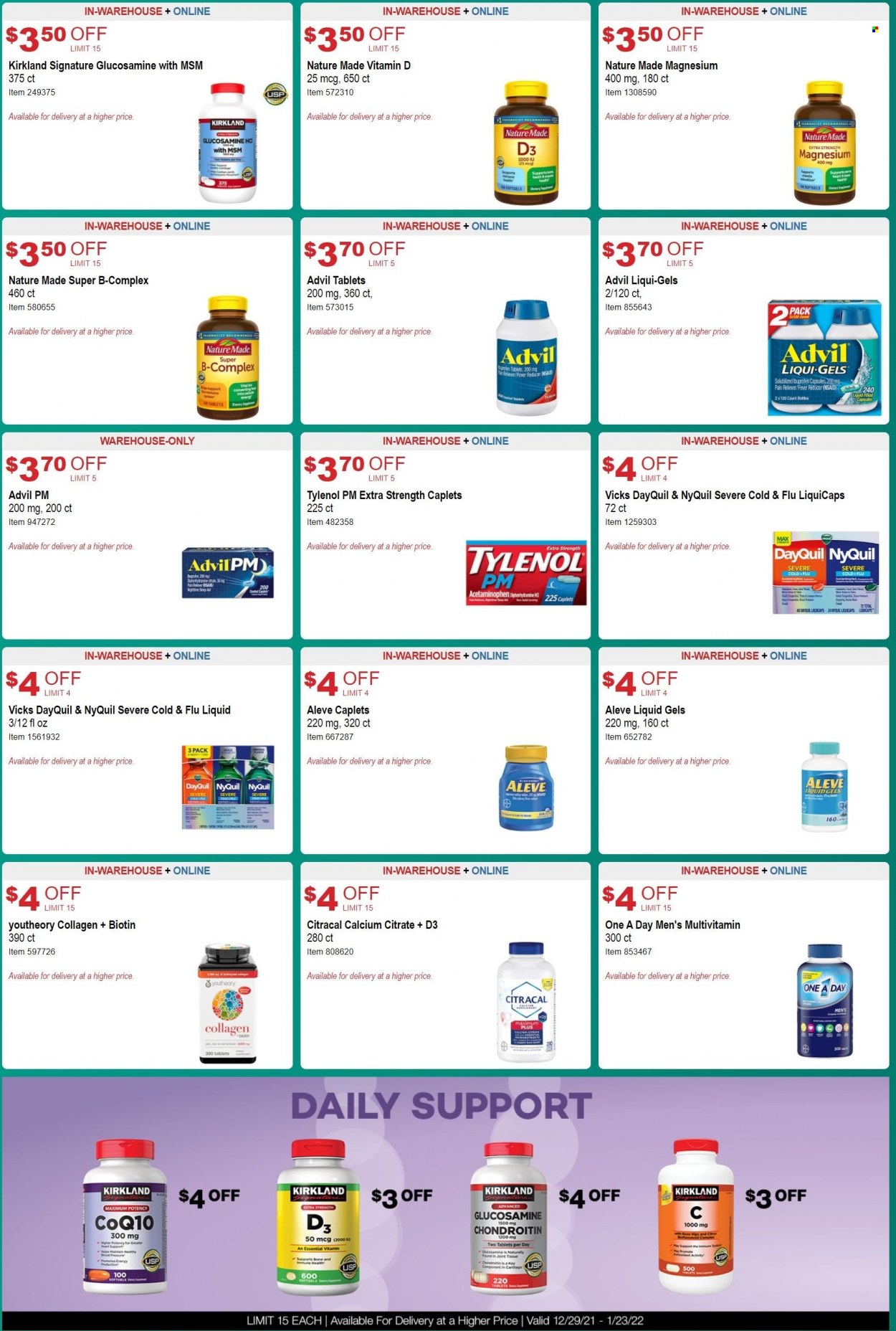 thumbnail - Costco Flyer - 12/29/2021 - 01/23/2022 - Sales products - Hewlett Packard, cod, tissues, Vicks, pan, Aleve, Biotin, calcium, DayQuil, Cold & Flu, glucosamine, magnesium, multivitamin, Nature Made, Tylenol, NyQuil, Advil Rapid, vitamin D3. Page 9.