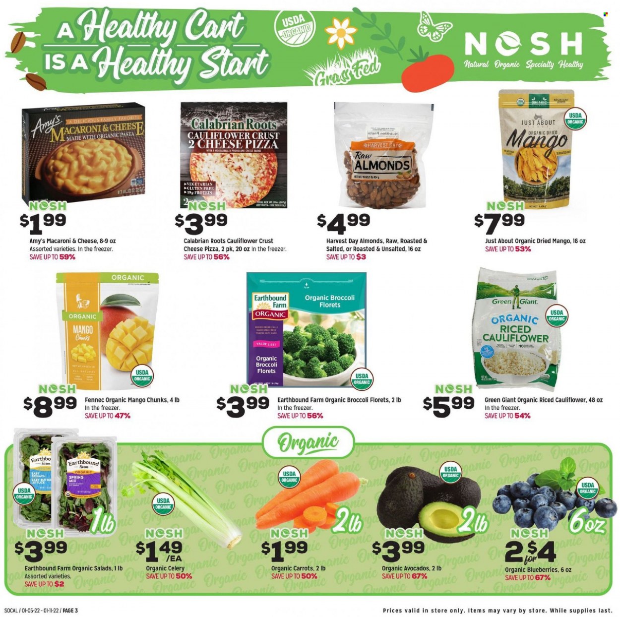 thumbnail - Grocery Outlet Flyer - 01/05/2022 - 01/11/2022 - Sales products - broccoli, butter lettuce, celery, lettuce, salad, avocado, blueberries, macaroni & cheese, pizza, pasta, almonds, dried fruit. Page 5.