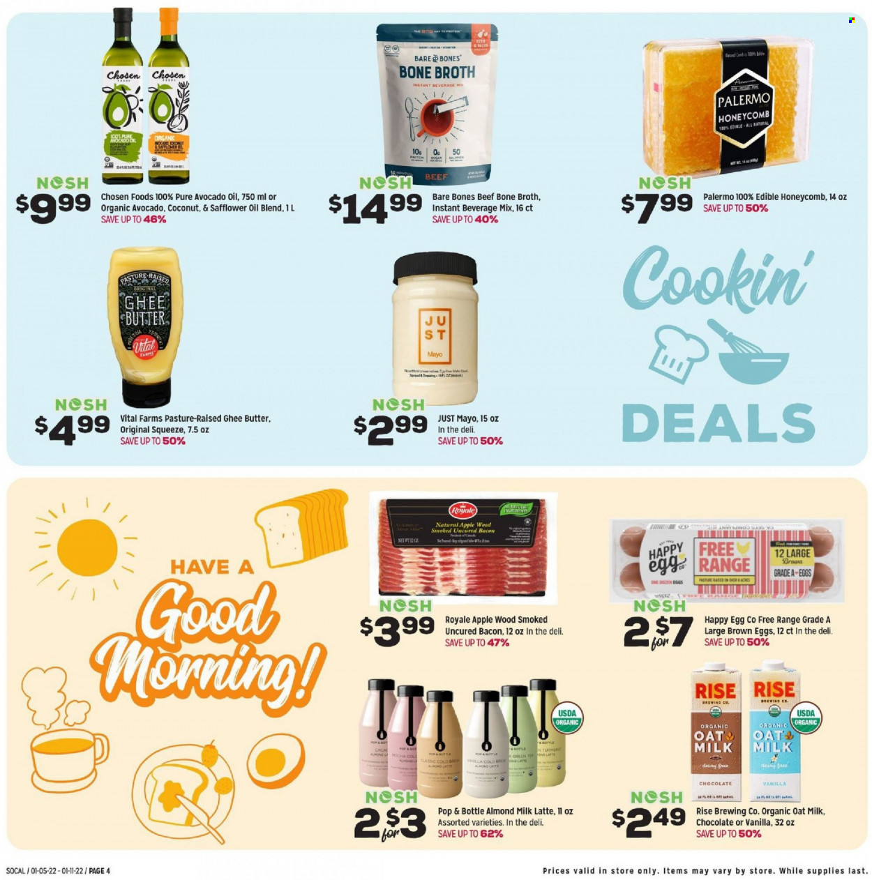 thumbnail - Grocery Outlet Flyer - 01/05/2022 - 01/11/2022 - Sales products - coconut, bacon, almond milk, oat milk, eggs, butter, ghee, chocolate, Ego, broth, turmeric, avocado oil, safflower oil, green tea, tea. Page 6.
