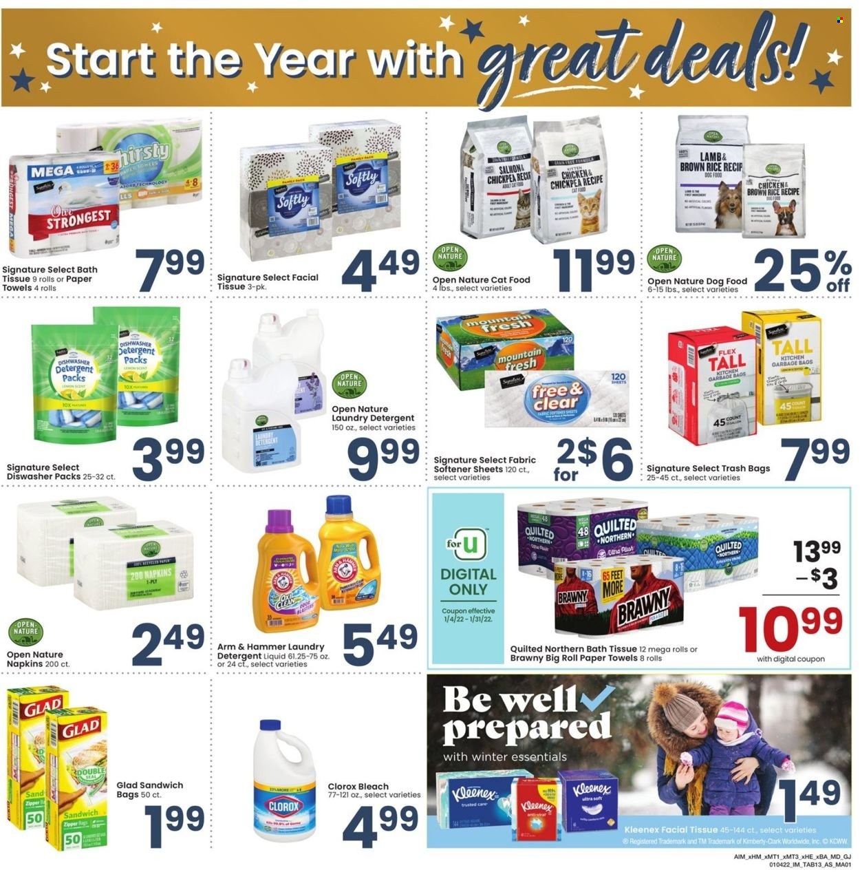 thumbnail - Albertsons Flyer - 01/04/2022 - 01/31/2022 - Sales products - sandwich, ARM & HAMMER, brown rice, napkins, bath tissue, Kleenex, Quilted Northern, kitchen towels, paper towels, detergent, bleach, Clorox, fabric softener, laundry detergent, bag, trash bags, animal food, cat food, dog food. Page 13.