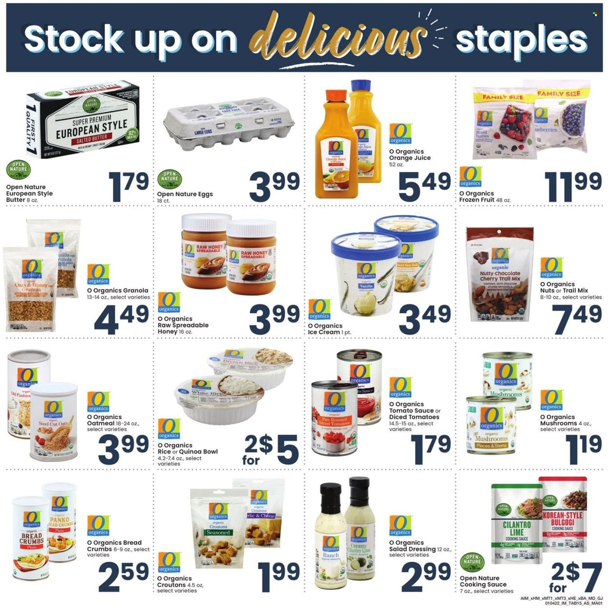 thumbnail - Albertsons Flyer - 01/04/2022 - 01/31/2022 - Sales products - mushrooms, breadcrumbs, panko breadcrumbs, tomatoes, cherries, eggs, butter, salted butter, ice cream, croutons, oatmeal, tomato sauce, granola, quinoa, cilantro, salad dressing, dressing, honey, trail mix, orange juice, juice, bowl. Page 15.