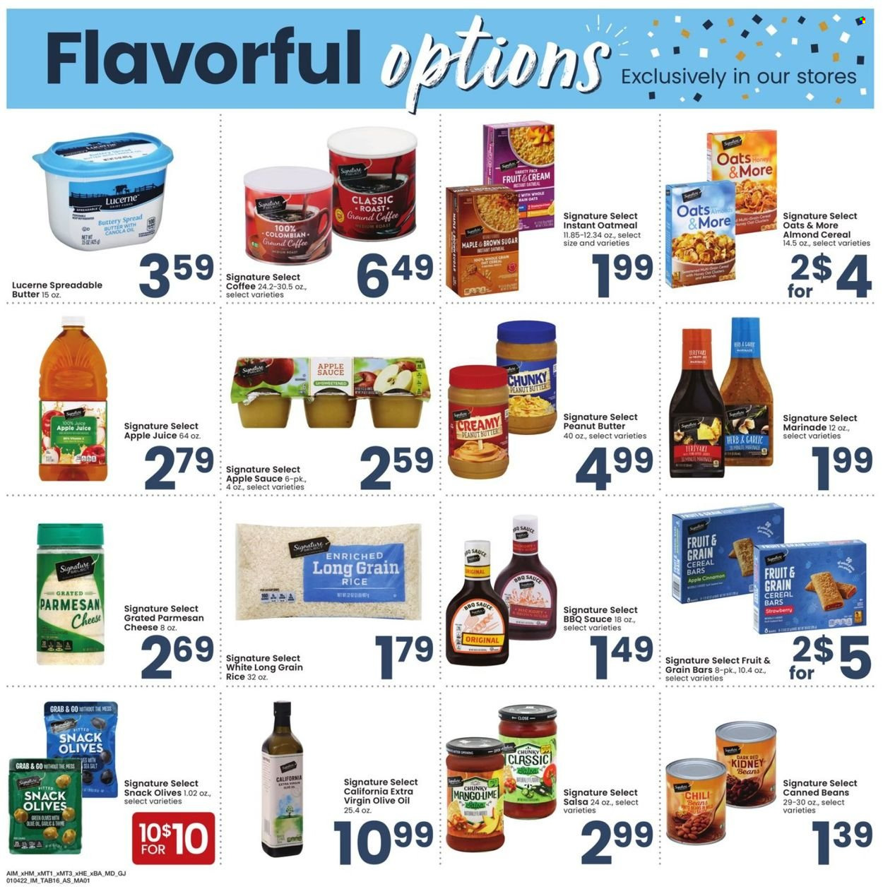 thumbnail - Albertsons Flyer - 01/04/2022 - 01/31/2022 - Sales products - sauce, parmesan, cheese, buttery spread, spreadable butter, snack, cereal bar, sugar, oatmeal, olives, cereals, rice, long grain rice, herbs, BBQ sauce, salsa, marinade, extra virgin olive oil, olive oil, oil, apple sauce, peanut butter, apple juice, juice, coffee. Page 16.