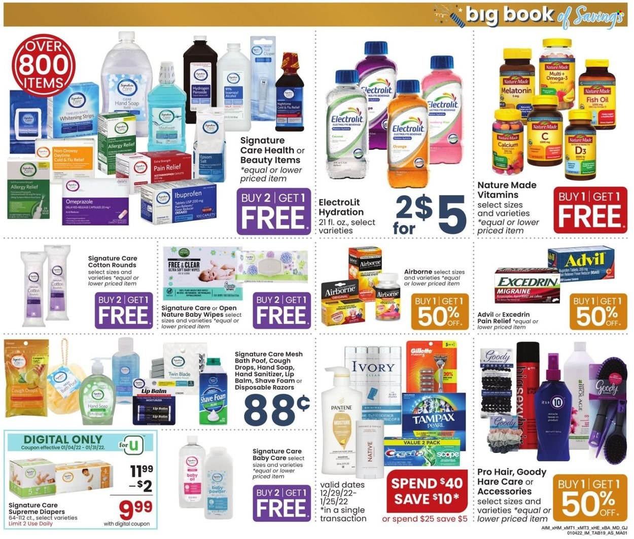 thumbnail - Albertsons Flyer - 01/04/2022 - 01/31/2022 - Sales products - strips, oil, wipes, baby wipes, nappies, hand soap, soap, Crest, Tampax, lip balm, Pantene, Gillette, disposable razor, hand sanitizer, pain relief, calcium, Cold & Flu, Excedrin, fish oil, Melatonin, Nature Made, Ibuprofen, Omega-3, Advil Rapid, vitamin D3, cough drops, allergy relief. Page 19.