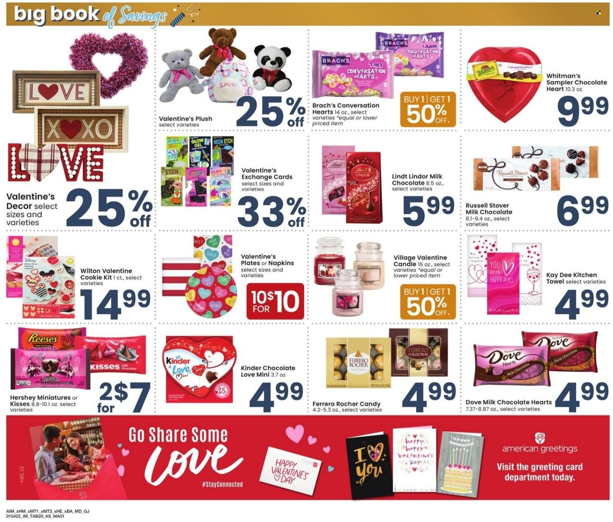 thumbnail - Albertsons Flyer - 01/04/2022 - 01/31/2022 - Sales products - Reese's, milk chocolate, chocolate, Lindt, Lindor, Ferrero Rocher, dark chocolate, napkins, Dove, kitchen towels, plate, candle. Page 20.