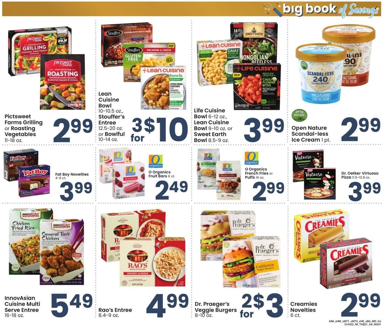 thumbnail - Albertsons Flyer - 01/04/2022 - 01/31/2022 - Sales products - puffs, onion, brussel sprouts, mashed potatoes, pizza, fried chicken, veggie burger, lasagna meal, Lean Cuisine, Dr. Oetker, ice cream, Stouffer's, potato fries, french fries, salt, pan, bowl, butternut squash. Page 21.
