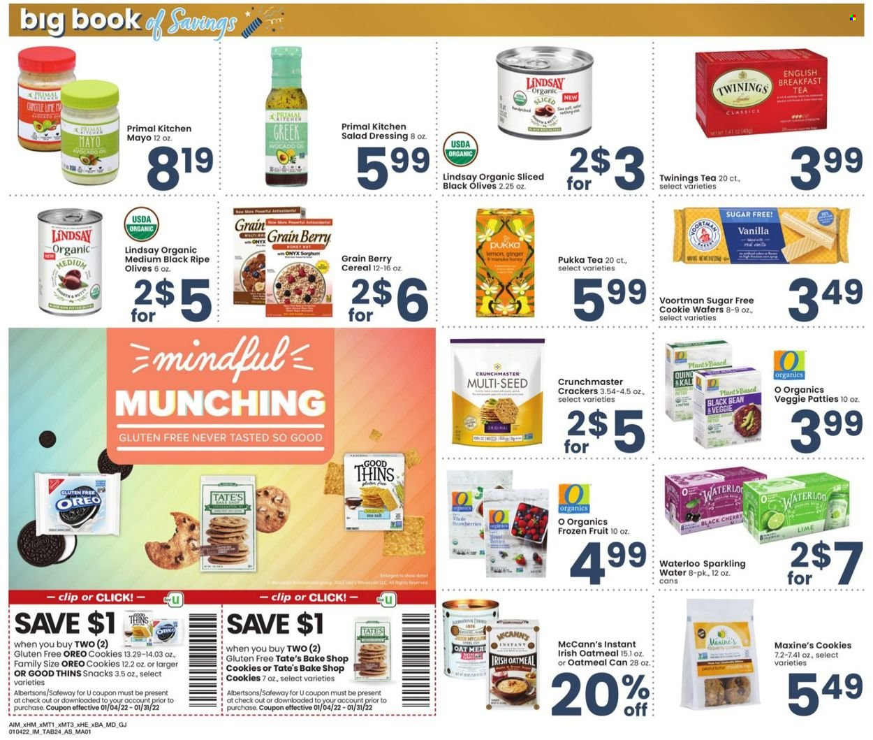 thumbnail - Albertsons Flyer - 01/04/2022 - 01/31/2022 - Sales products - ginger, cherries, Oreo, mayonnaise, cookies, wafers, snack, crackers, Thins, oatmeal, oats, olives, cereals, salad dressing, dressing, sparkling water, tea, Twinings, plant seeds, Primal. Page 24.