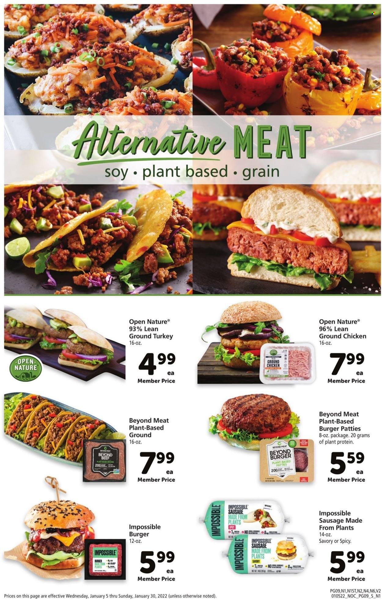 thumbnail - Safeway Flyer - 01/05/2022 - 01/30/2022 - Sales products - ground chicken, ground turkey, hamburger, burger patties, sausage, plant protein. Page 9.