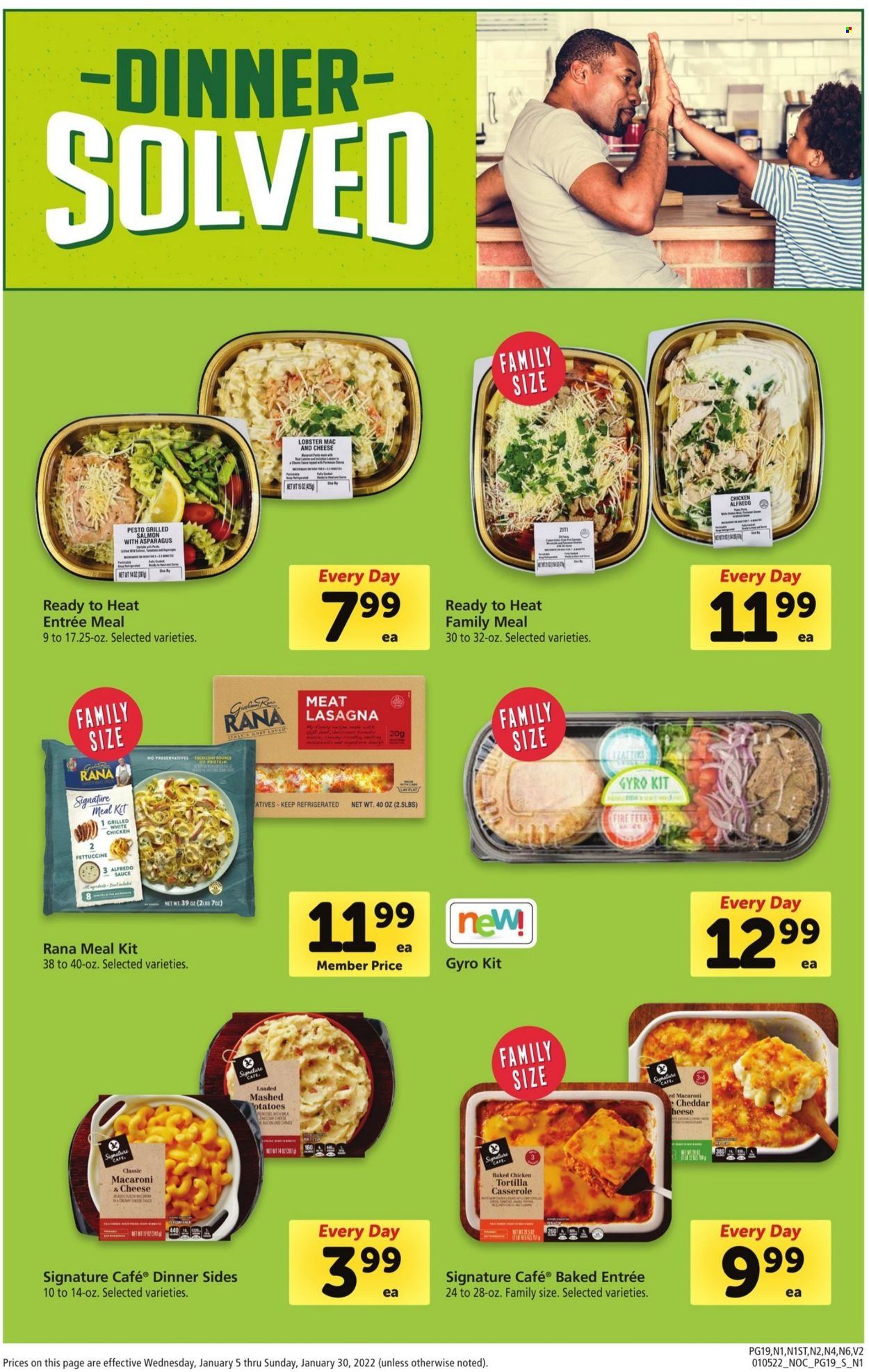 thumbnail - Safeway Flyer - 01/05/2022 - 01/30/2022 - Sales products - tortillas, asparagus, lobster, salmon, macaroni & cheese, lasagna meal, Rana, cheddar, feta, pesto, casserole. Page 19.