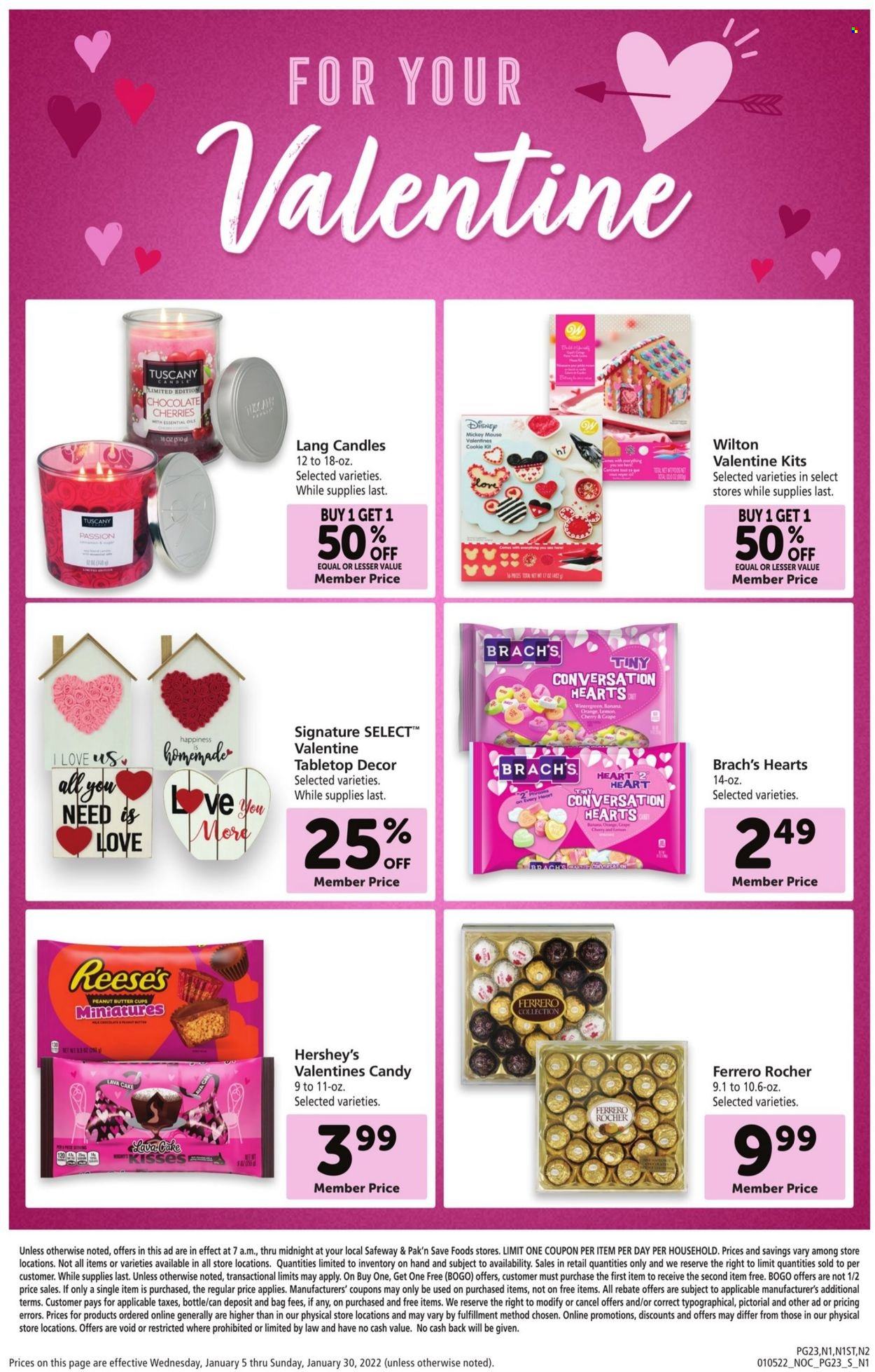 thumbnail - Safeway Flyer - 01/05/2022 - 01/30/2022 - Sales products - cake, cherries, Mickey Mouse, Reese's, Hershey's, chocolate, Ferrero Rocher, peanut butter cups, candle. Page 23.